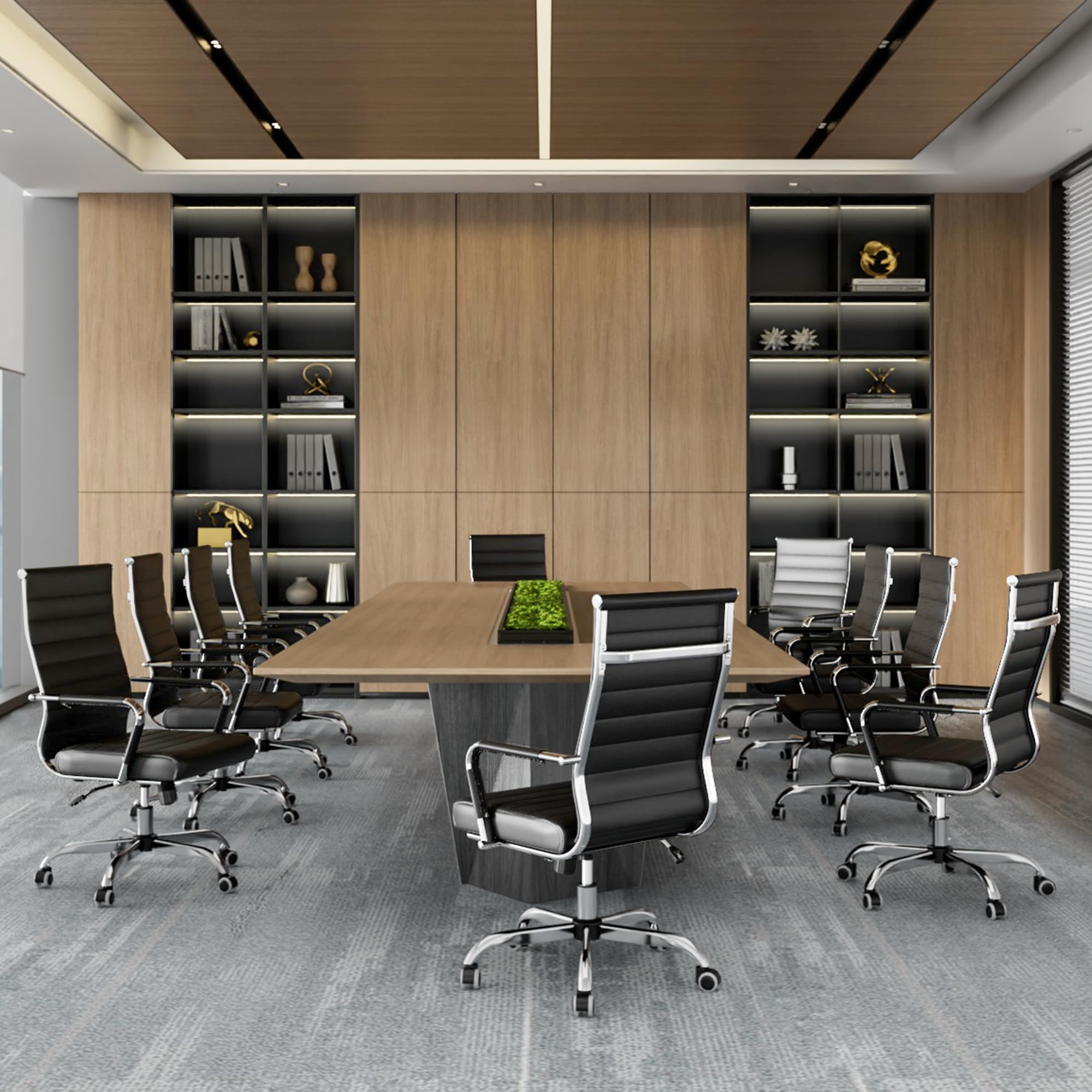 Office Desk Chair, Ergonomic Leather Modern Conference Room Chairs, Executive Ribbed Adjustable Swivel Rolling Chair for Home Office.