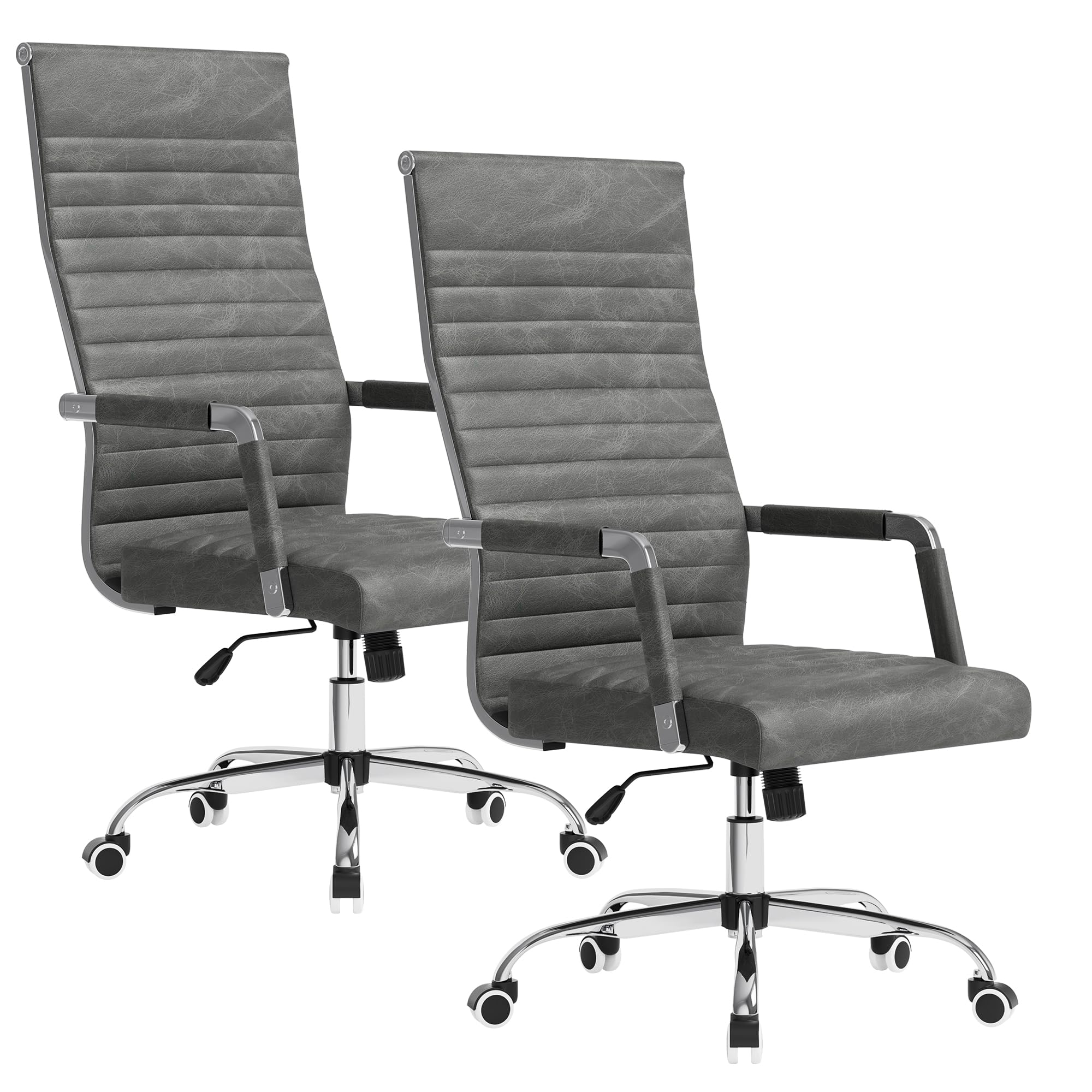 (2, Bicolor Vintage Grey) Ergonomic Office Desk Chair, Executive Ribbed Mid-Back PU Leather Conference Room Chair Adjustable Swivel Chair with Arms