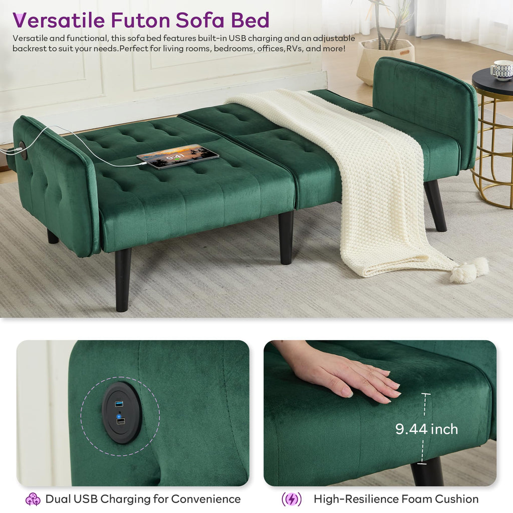 65" W Velvet Modern Convertible Folding Futon Couch Sofa Bed w/ 2 USB Charging Ports and arms, Loveseat for Office, Living Room, Apartment, Bedroom (Green)