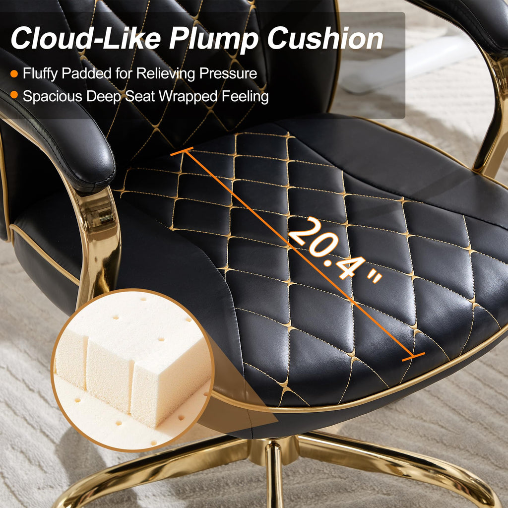 Black and Gold Office Desk Chair,Conference Room Chairs,Mid Back Vintage Executive Leather Chair,Ergonomic Computer Swivel Chair with Rocking Function and Padded Arms,Adjustable Height