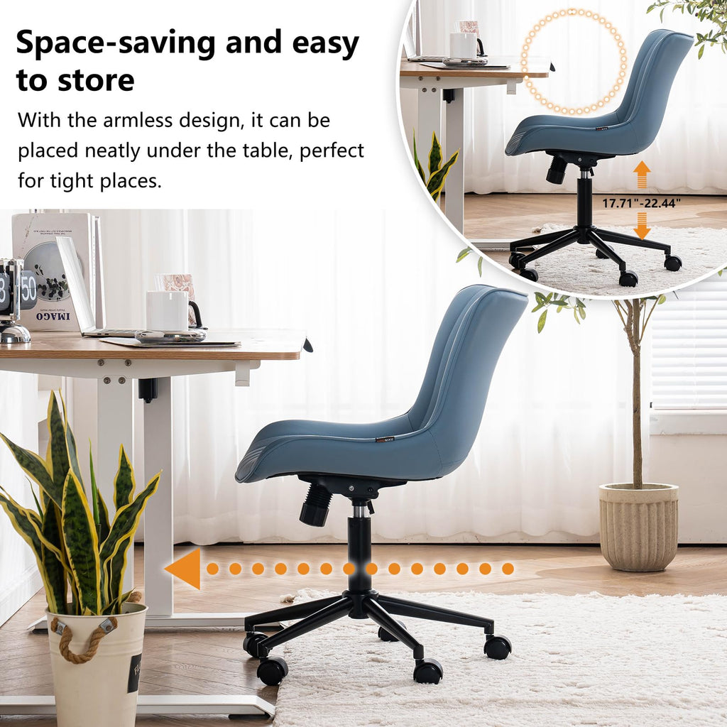 Blue Office Desk Chair with Wheels Comfy Armless Vanity Chair with Back Modern Small Faux Leather Upholstered Rolling Task Chair Cute Computer Drafting Sewing Chair Swivel Adjustable Compact