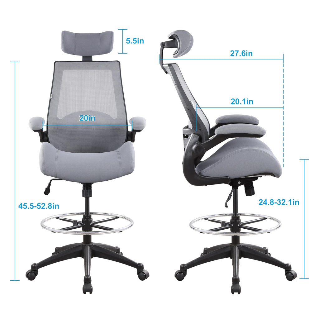 400lbs High Back Computer Office Drafting Chair Flip up Armrests Lumbar Support Adjustable Big Footrest Ring (Grey)