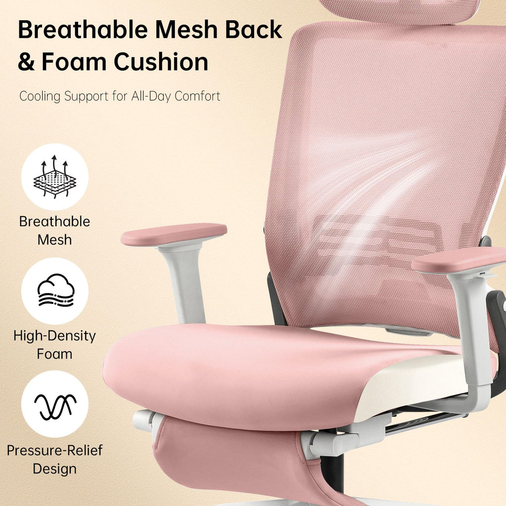 Foldable Office Chair with Foot Rest, Ergonomic Office Chair with Adjustable Lumbar Support, Headrest, Armrest, Home Office Desk Chair for Space Saving, Work from Home, Pink