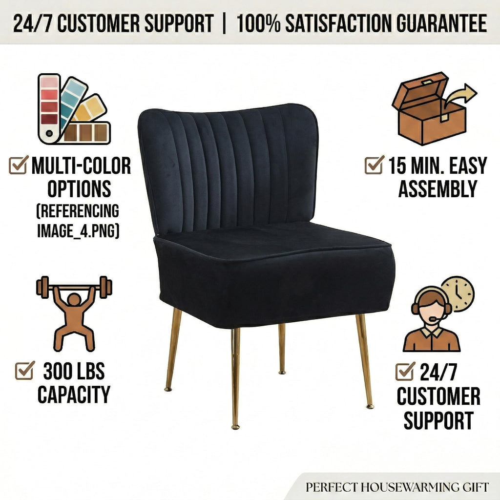 Modern Velvet Accent Chairs Set of 2, Comfy Slipper Chair with Heavy Duty Iron Frame & Gold Legs, Mid Century Side Sofa Chair for Living Room Bedroom Vanity(Black)