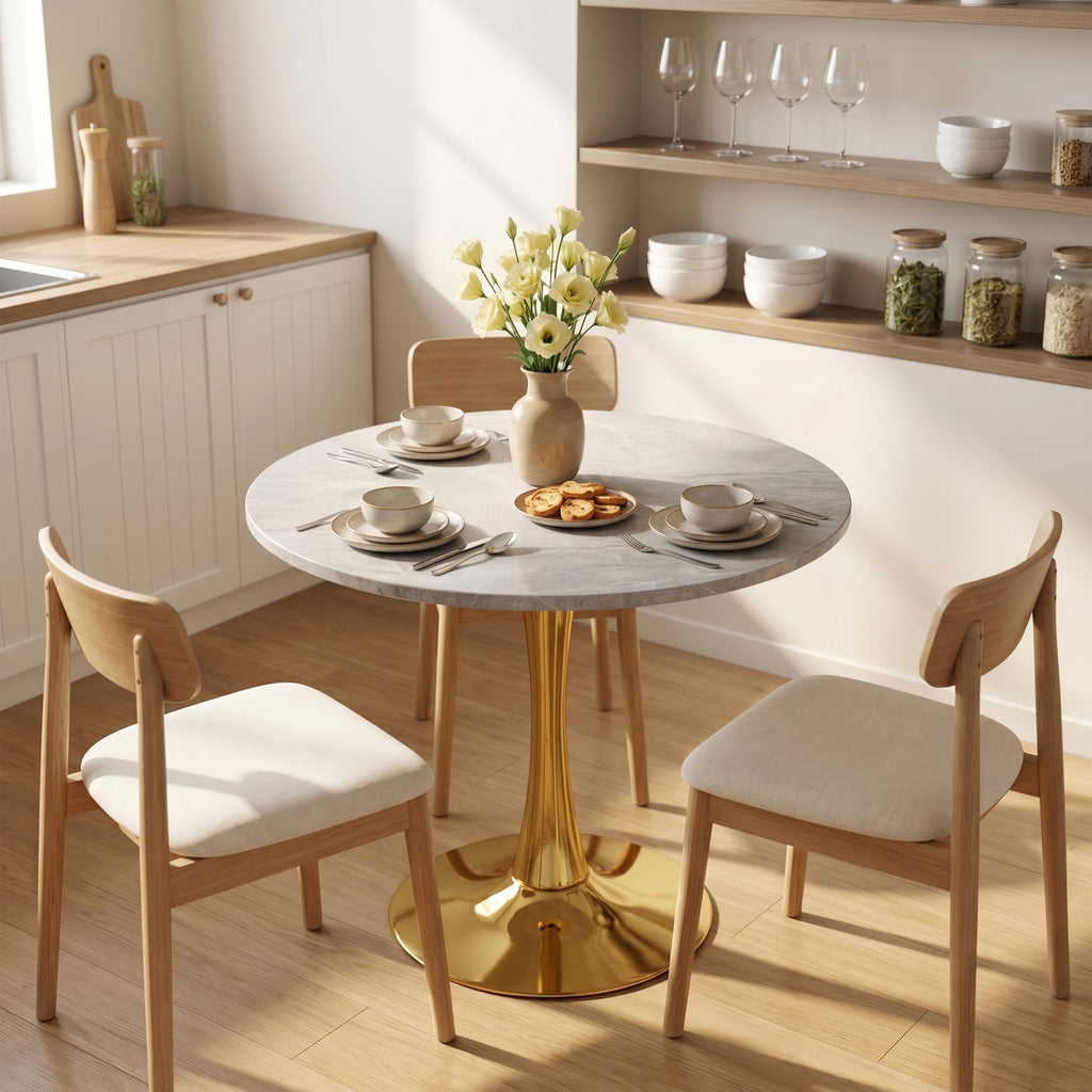 Sybrioka 27.6" Marble Round Tulip Table, Mid-Century Modern Style Dining Table with Gold Pedestal Base for 2-4 People, Featuring A Marble Tabletop for Kitchen, Dining Room, Cafe (Light Grey)