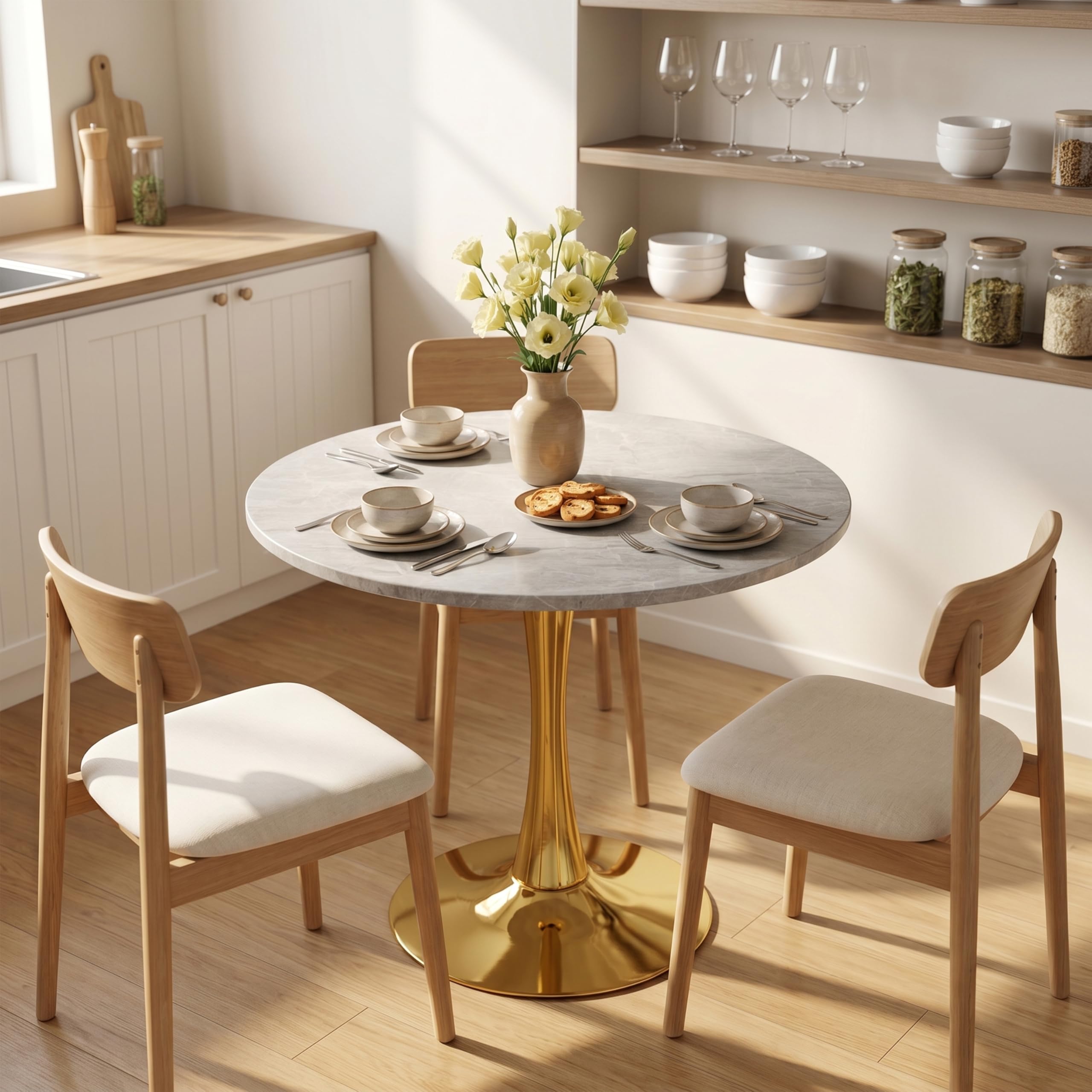 Sybrioka 27.6" Marble Round Tulip Table, Mid-Century Modern Style Dining Table with Gold Pedestal Base for 2-4 People, Featuring A Marble Tabletop for Kitchen, Dining Room, Cafe (Light Grey)