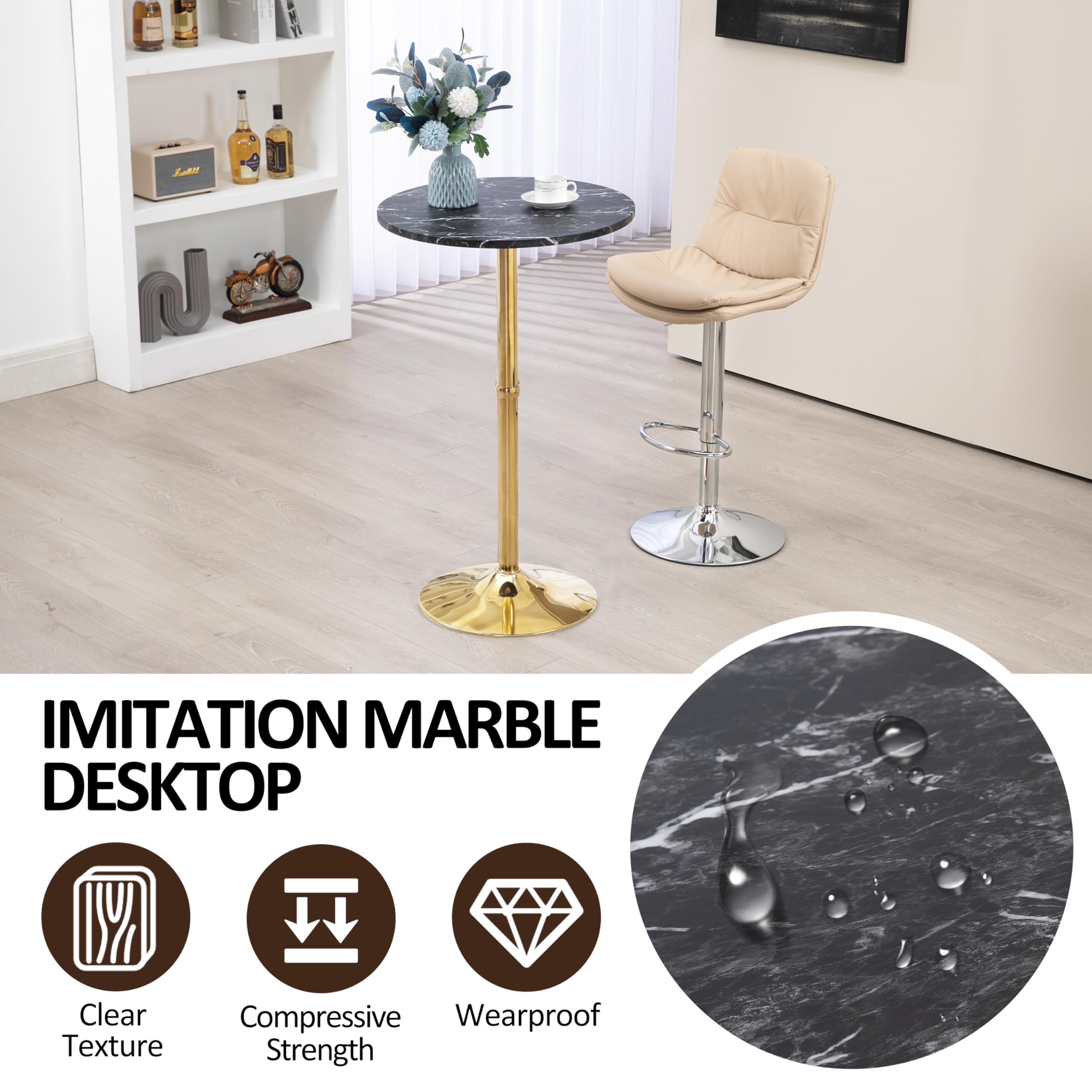 Finnhomy 24" Round Cocktail Bar Table with Metal Base, Tall Bistro Pub Table, Counter Bar Height Table for Kitchen, Dining Room, Living Room, Easy Assembly, Black&Gold