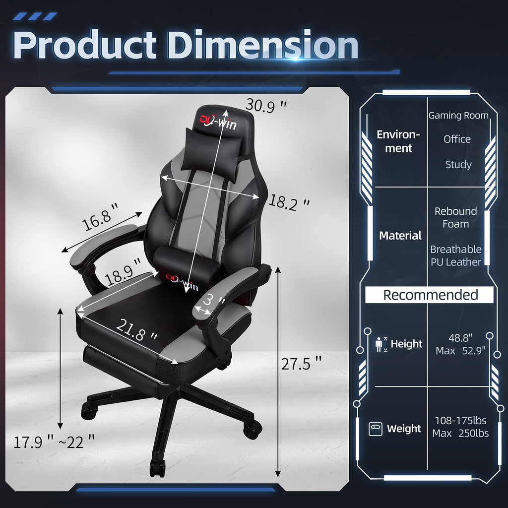 Gaming Chairs for Adults, Computer Chair with Footrest and High Back, Big and Tall Gamer Chair's with Massage Lumbar Support, 360° Swivel Height Adjustable Gaming Chair, Grey