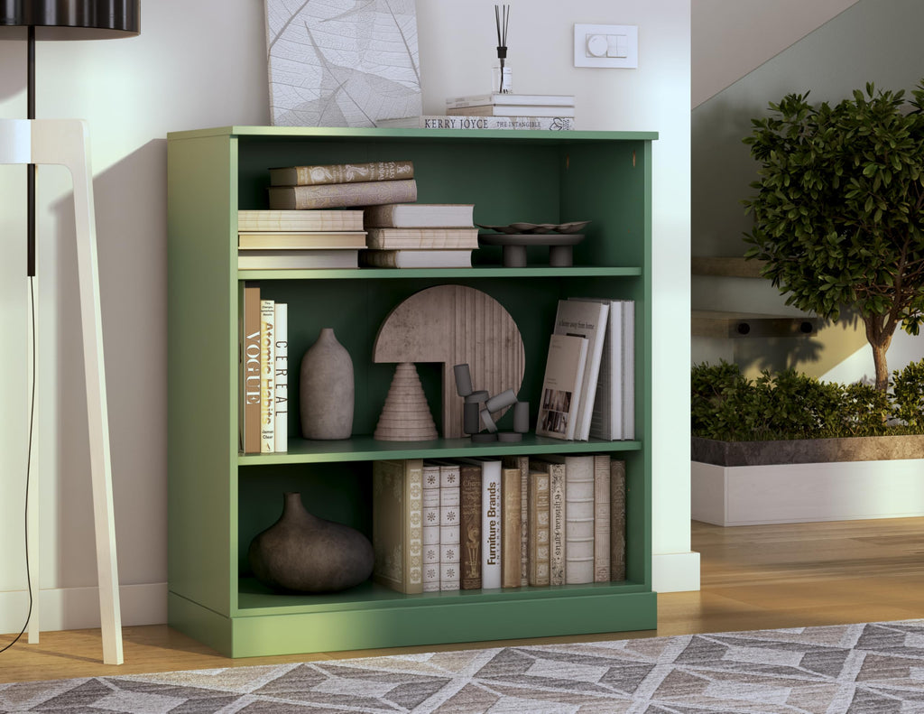 Solid Wood Bookcase - 3-Tier Floor Standing Bookshelf - 36" Short Storage Shelf, 32” W - Green, Display Furniture for Living Space, Renewable 100% Eco-Friendly Wood, Made in Brazil