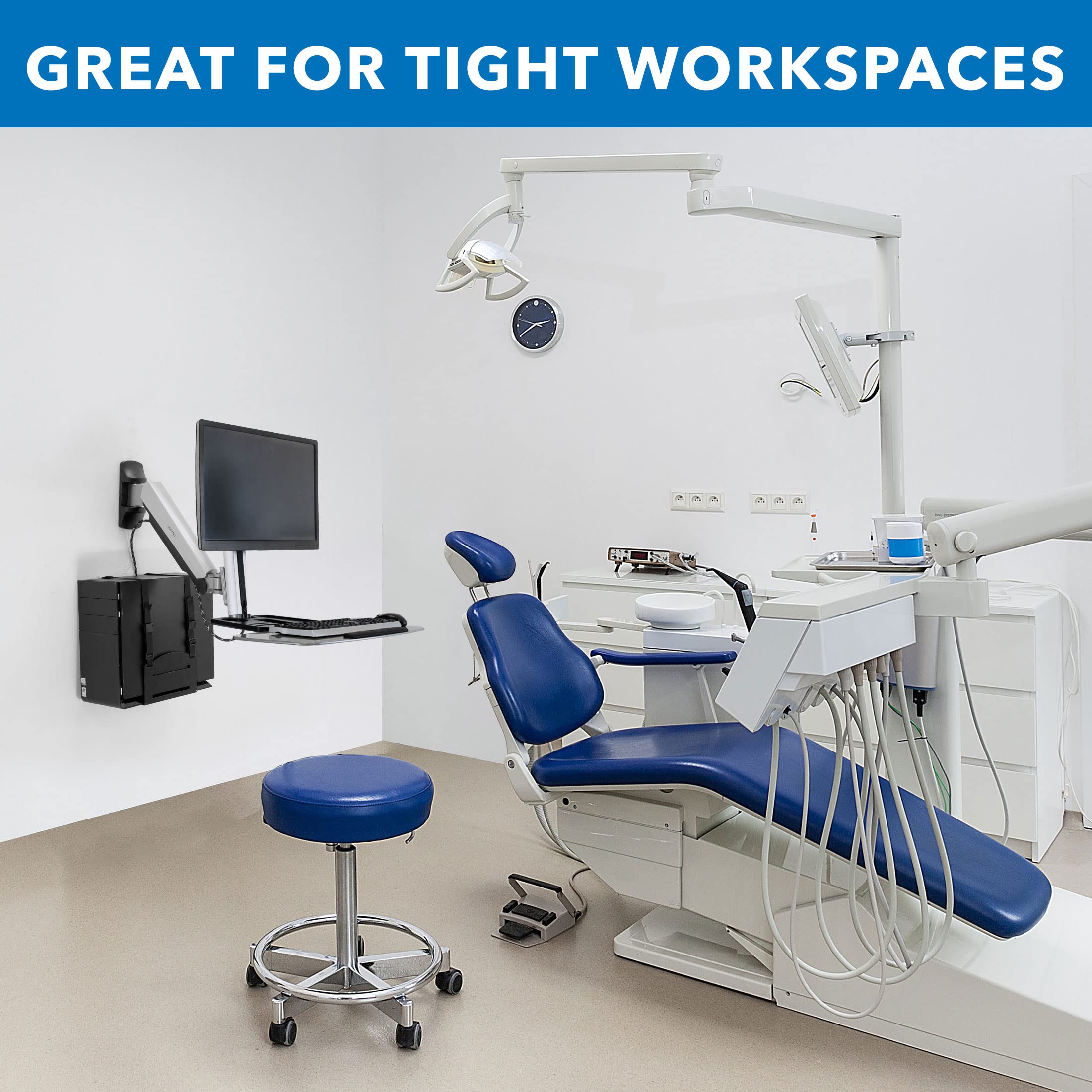 Wall Mounted Sit-Stand Single Monitor Workstation with Gas Spring Arm, Keyboard Tray & CPU Holder, 19.9” Height Adjustment, 41” Extension, VESA 75x75 100x100