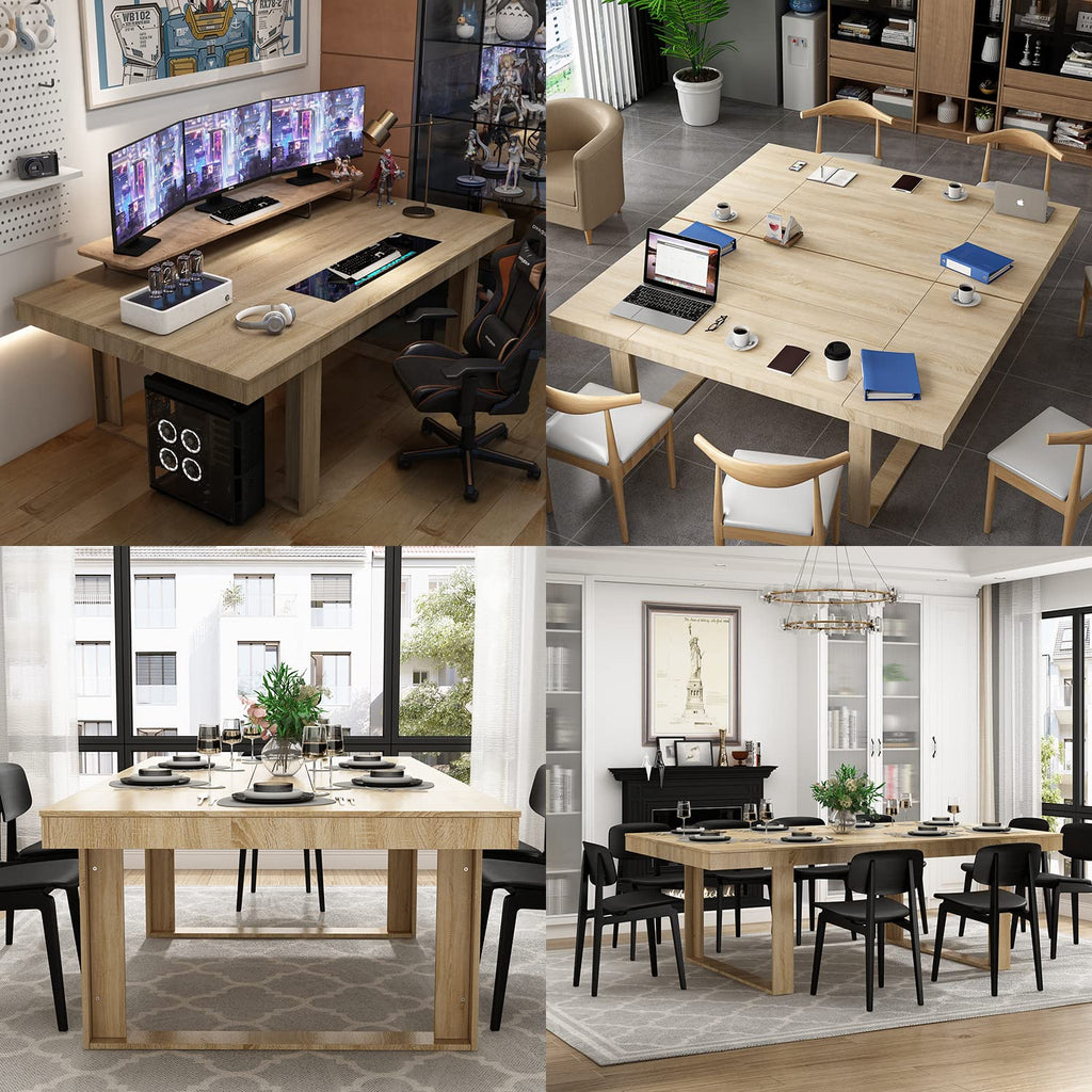 7FT Conference Table for 6-8 People, Large Rectangular Meeting Table, Modern Seminar Table for Office Meeting Conference Room, Brown (86.6”L x 47.2”W x 29.4”H)