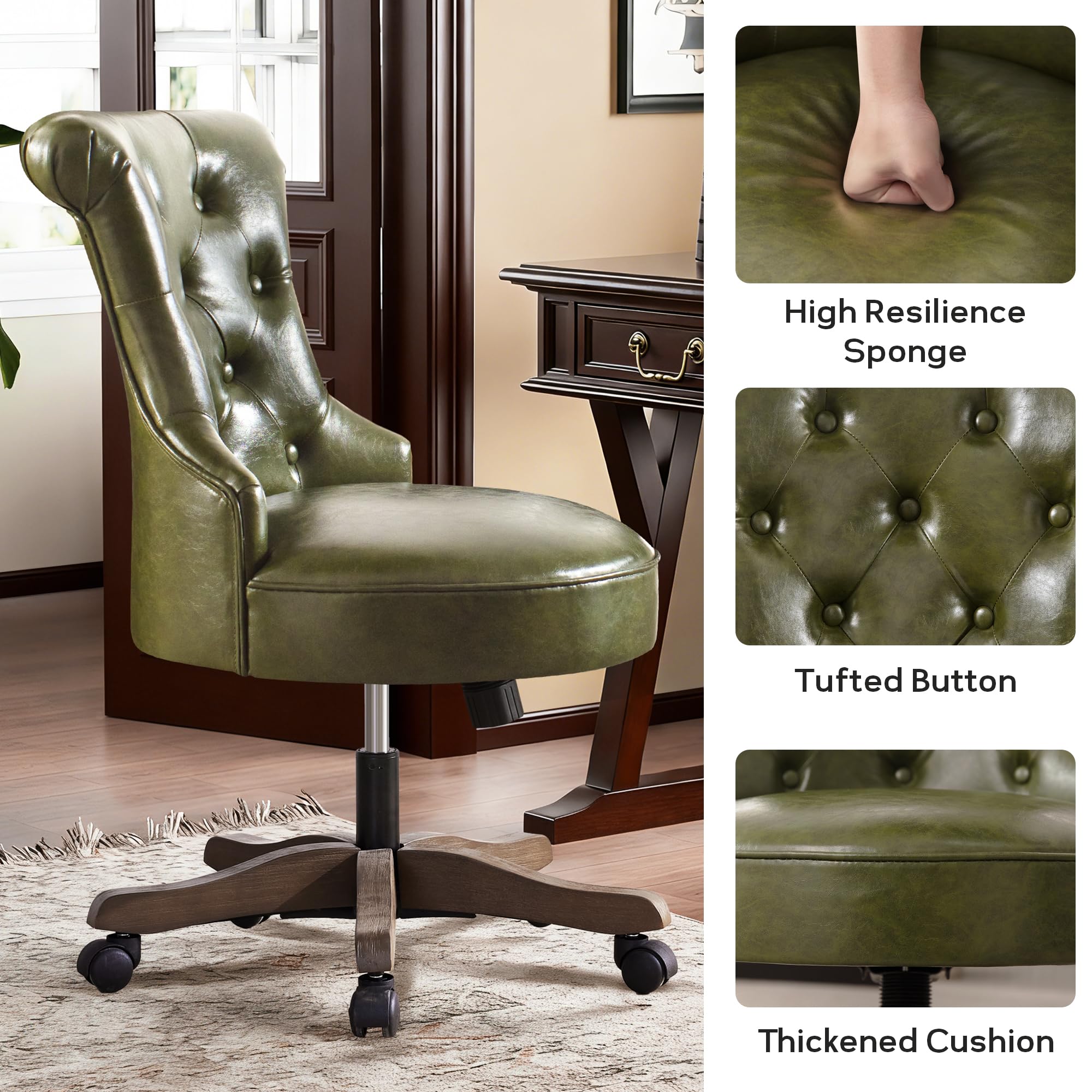 Home Office Chair Upholstered Armless PU Leather Desk Chair with Wheels Adjustable Height Computer Desk Chair with Wooden Legs Comfortable Swivel Chair for Study Studio (Dark Green)