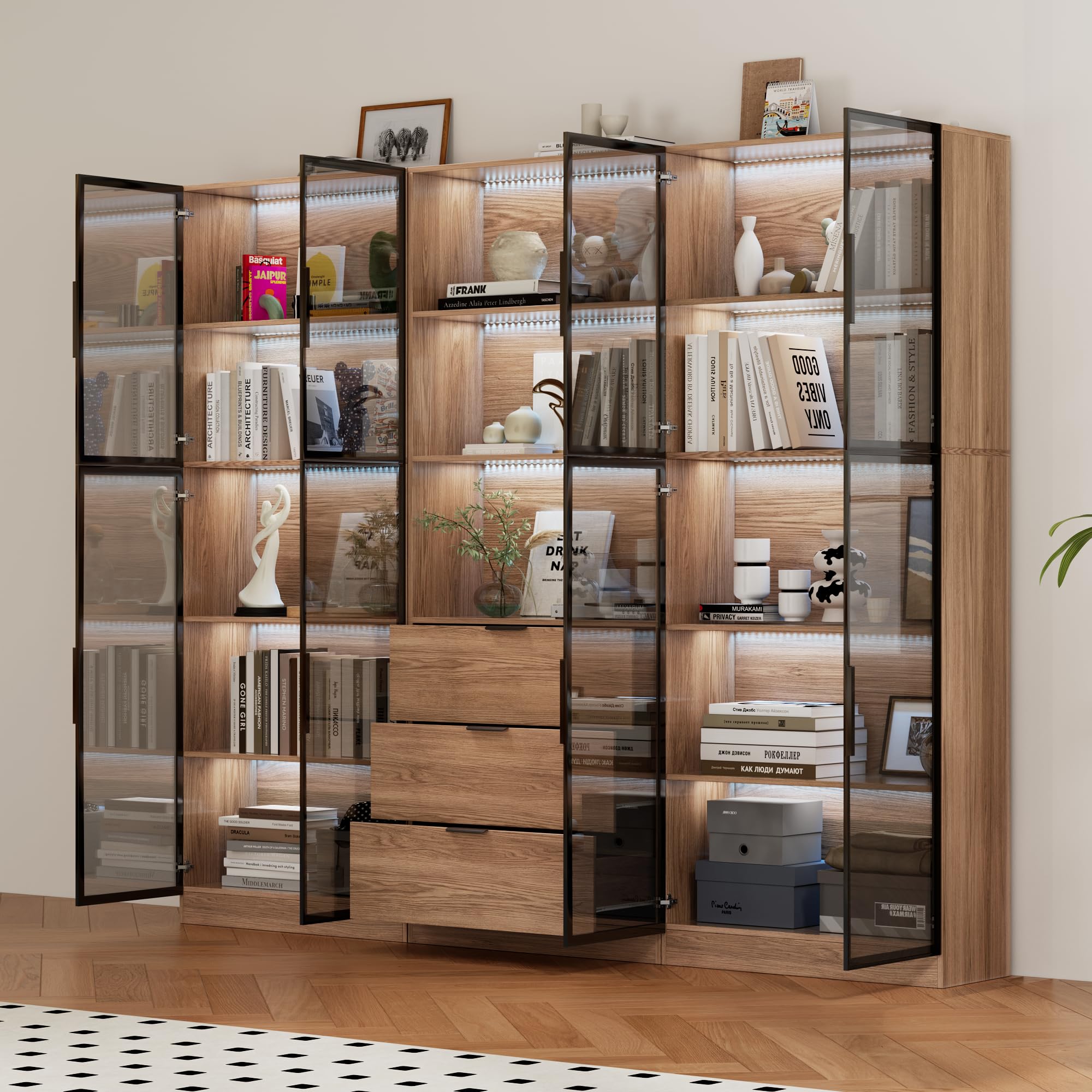 78.7" H Tall Bookcase Storage Cabinet with LED Lights and Drawers, 5 Tier Wood Storage Shelves with Glass Doors, Expandable Bookshelf Display Cabinet for Living Room, Home Office (B+A+B)