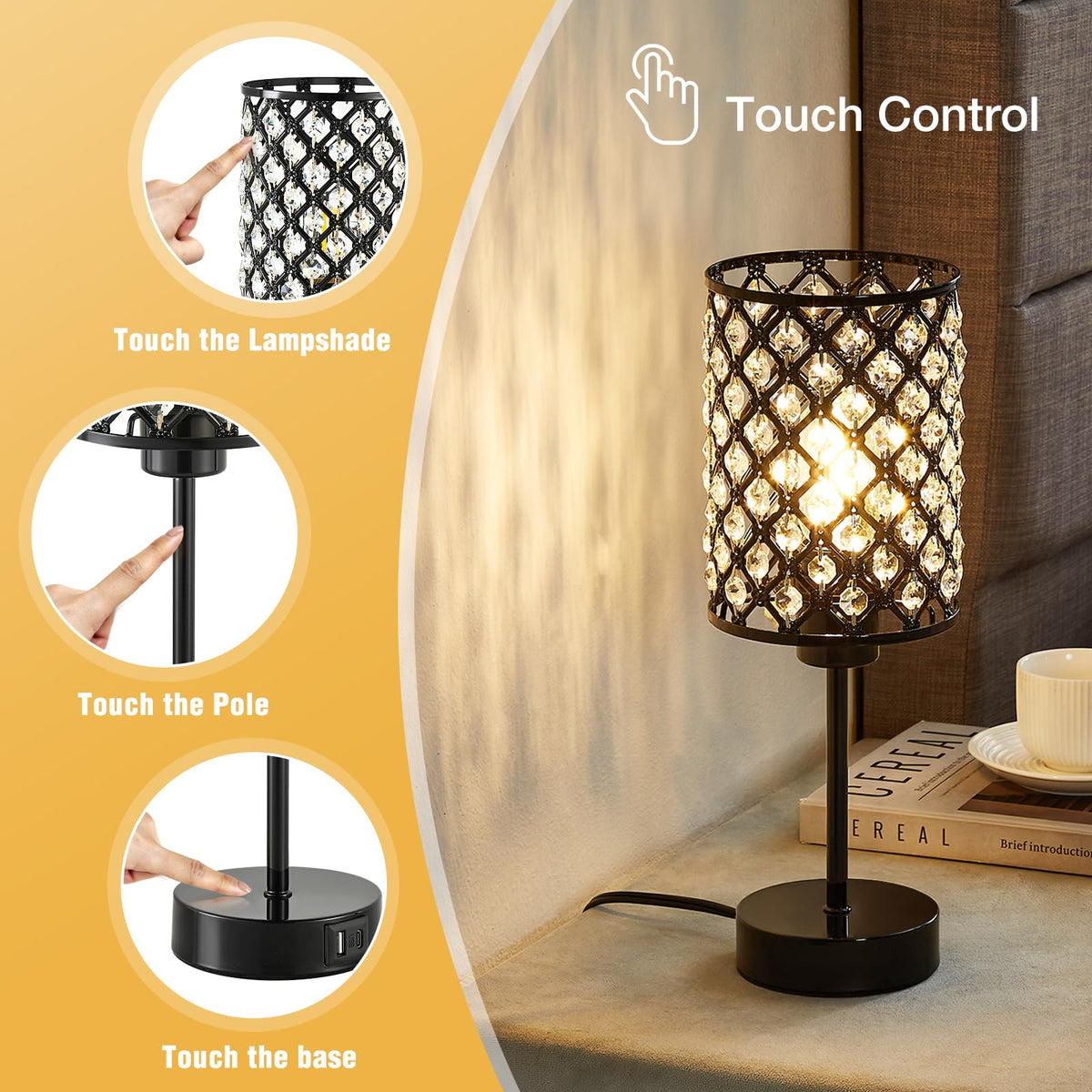 Crystal Table Lamp, Black Touch Lamp with USB C+A Port, 3-Way Dimmable