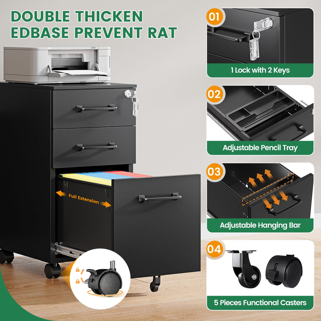 3 Drawer Slim File Cabinet, Mobile Filing Cabinet with Lock,Black Rolling Narrow File Cabinets with Casters, Under Desk Office Cabinets for Home Office,Fit A4/Letter/Legal(Unassembled)