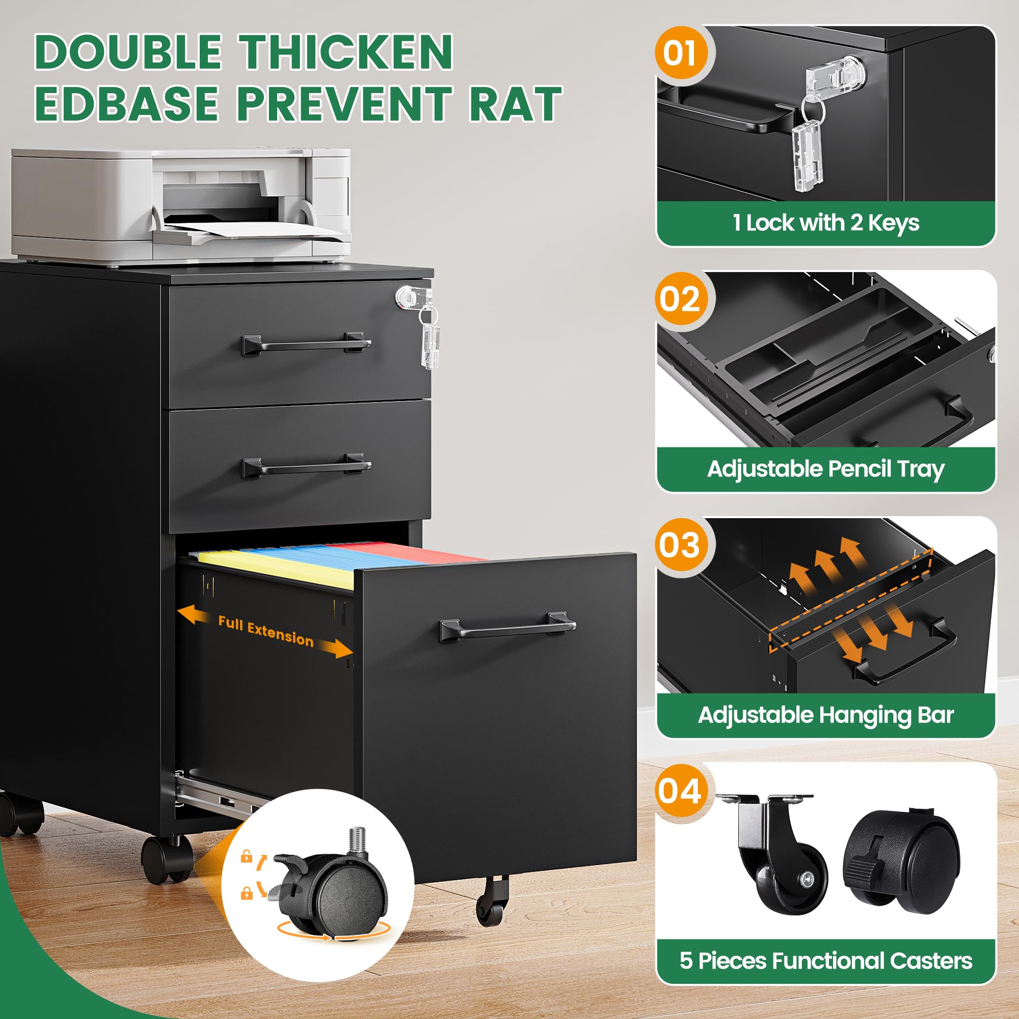 3 Drawer Slim File Cabinet, Mobile Filing Cabinet with Lock,Black Rolling Narrow File Cabinets with Casters, Under Desk Office Cabinets for Home Office,Fit A4/Letter/Legal(Unassembled)