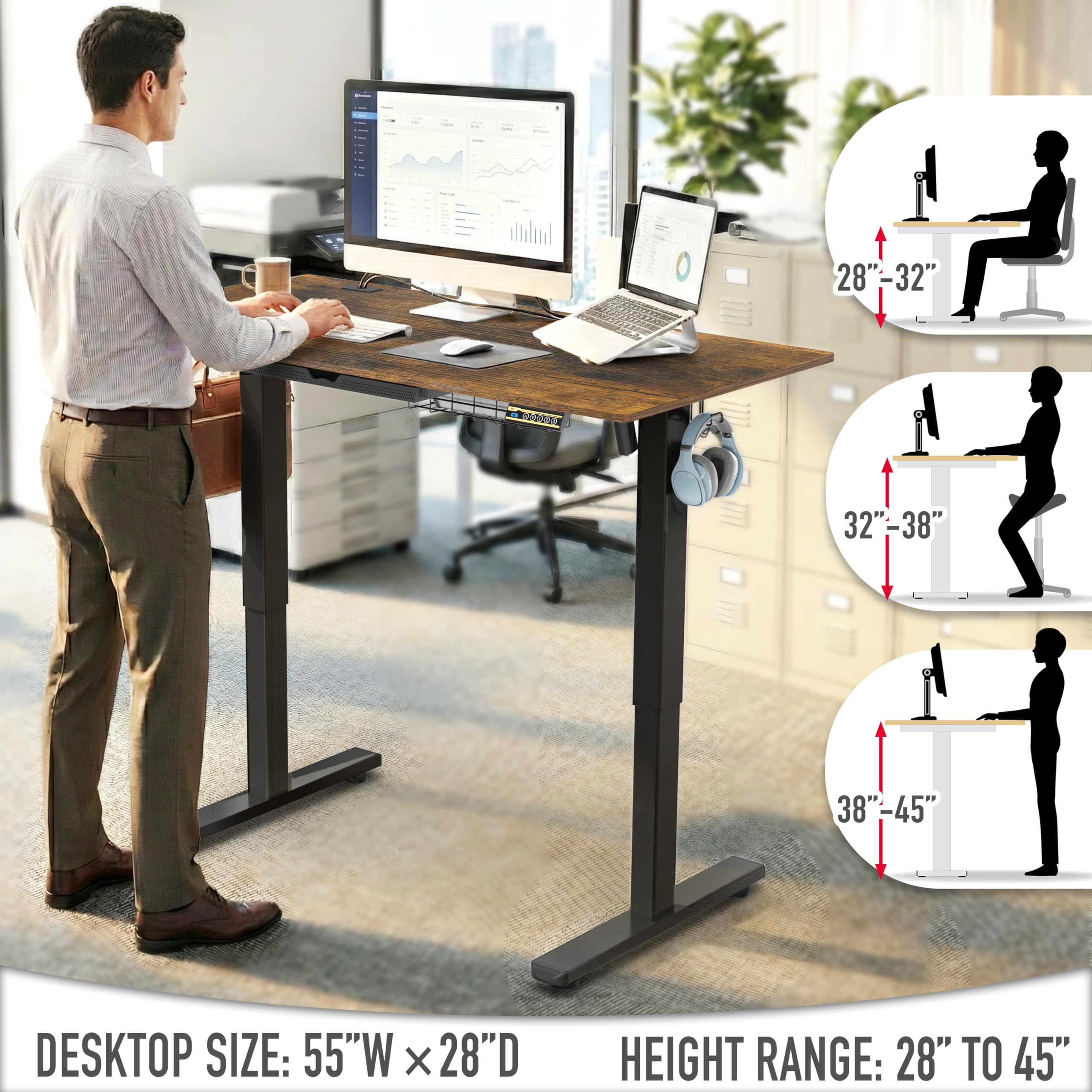 55 x 28 Inches Electric Height Adjustable Standing Desk with Drawer and Memory Preset, Rustic Brown
