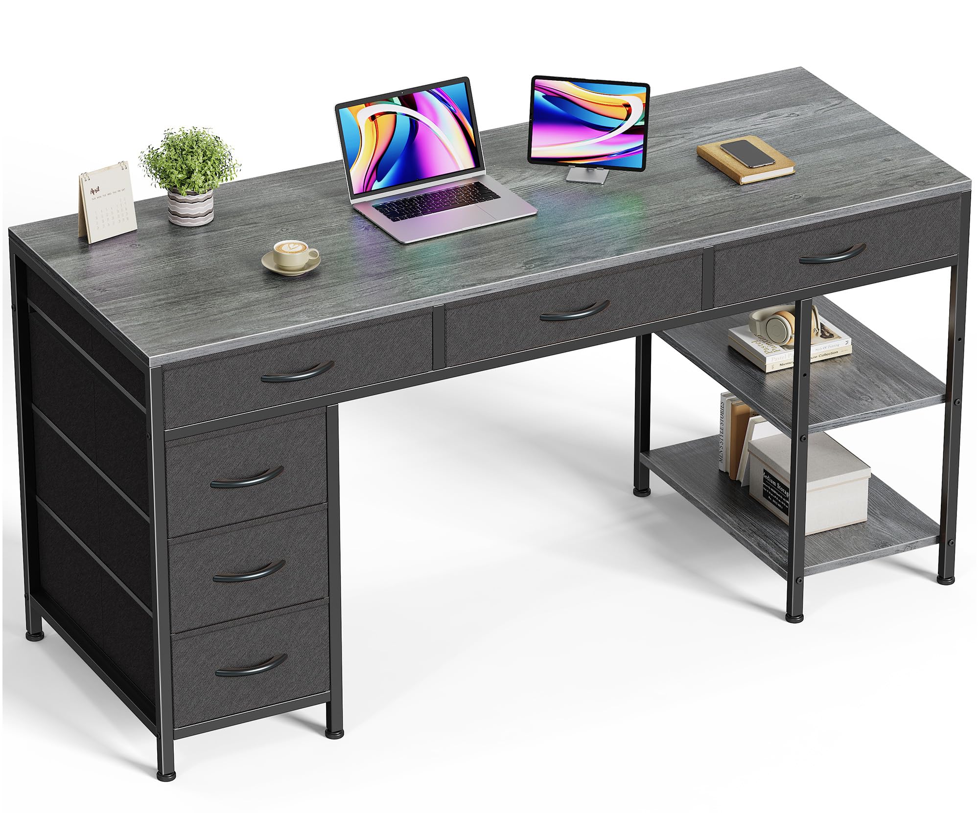 Computer Desk with 6 Drawers, Office Desk with Shelves, Reversible Gaming Desk, Corner Desk with Storage, Work for Home Office, Study, Living Room, 54inch, Grey