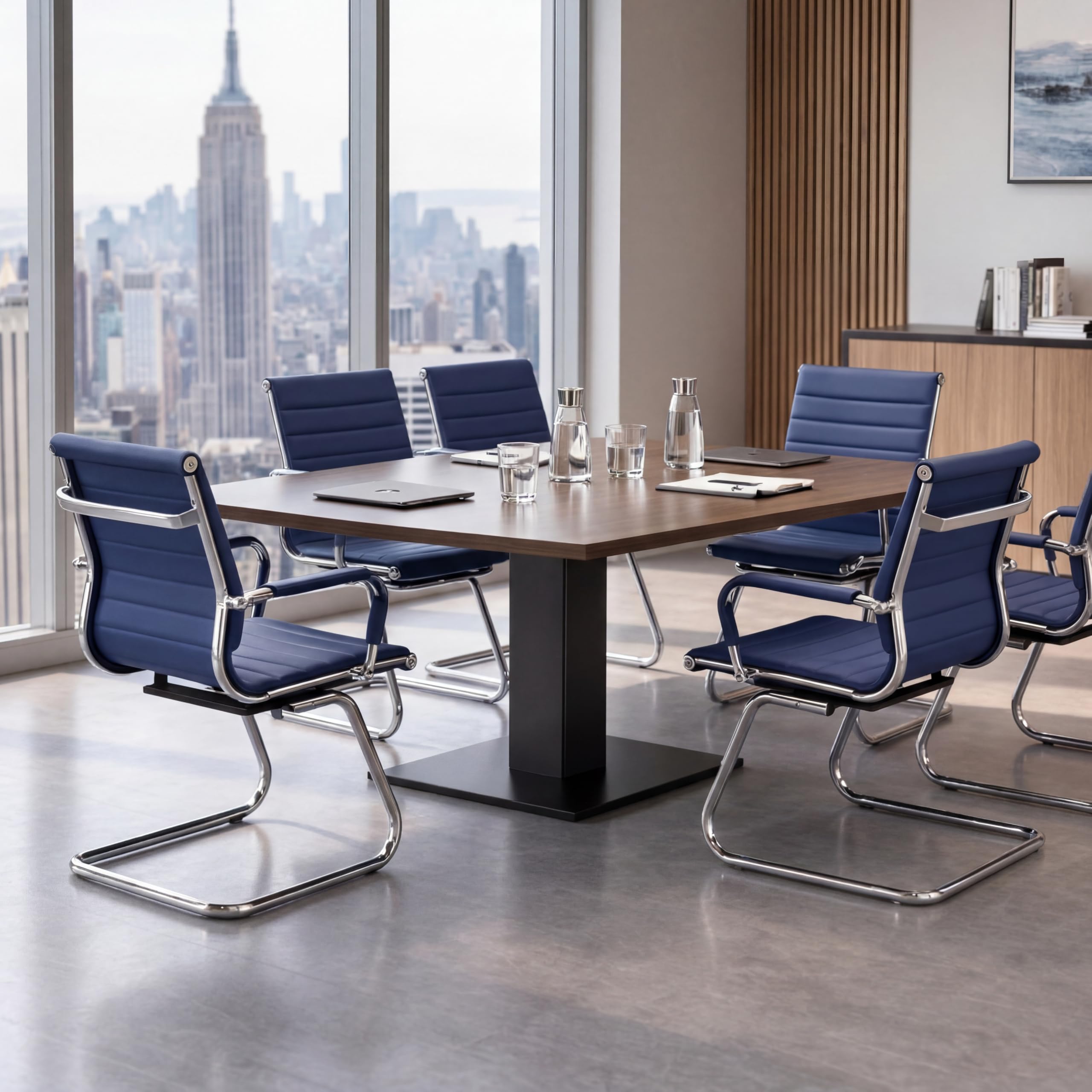 Conference Room Chairs Set of 4, Office Guest Chair with Armrests, Faux Leather Upholstery & Metal Sled Base, Comfortable Meeting Room Chairs for Office/Reception/Conference, Navy Blue