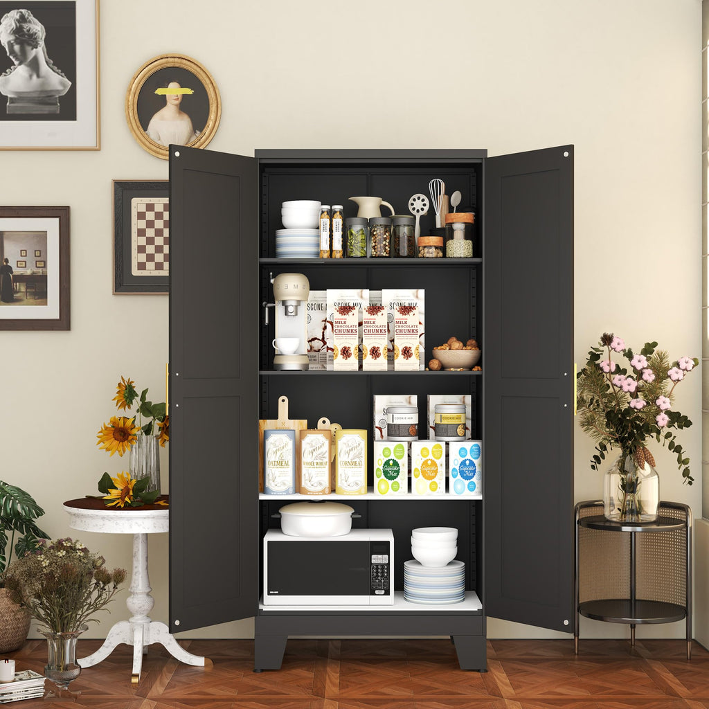 Black Metal Storage Cabinet, 61" Kitchen Pantry Cabinets for Office