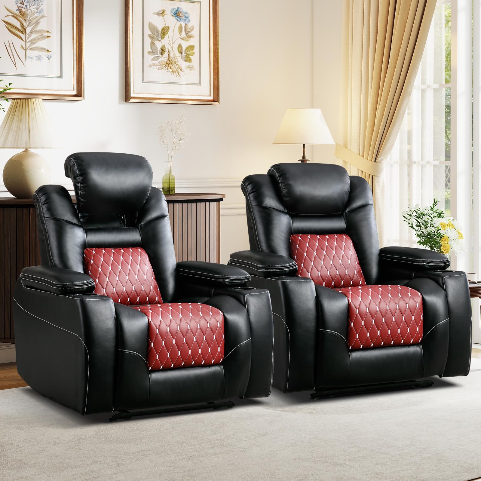 Power Recliner Chair Set of 2,Home Theater Seating with Adjustable Headrest,Cup Holders,USB Port,Hidden Arm Storage(Black)