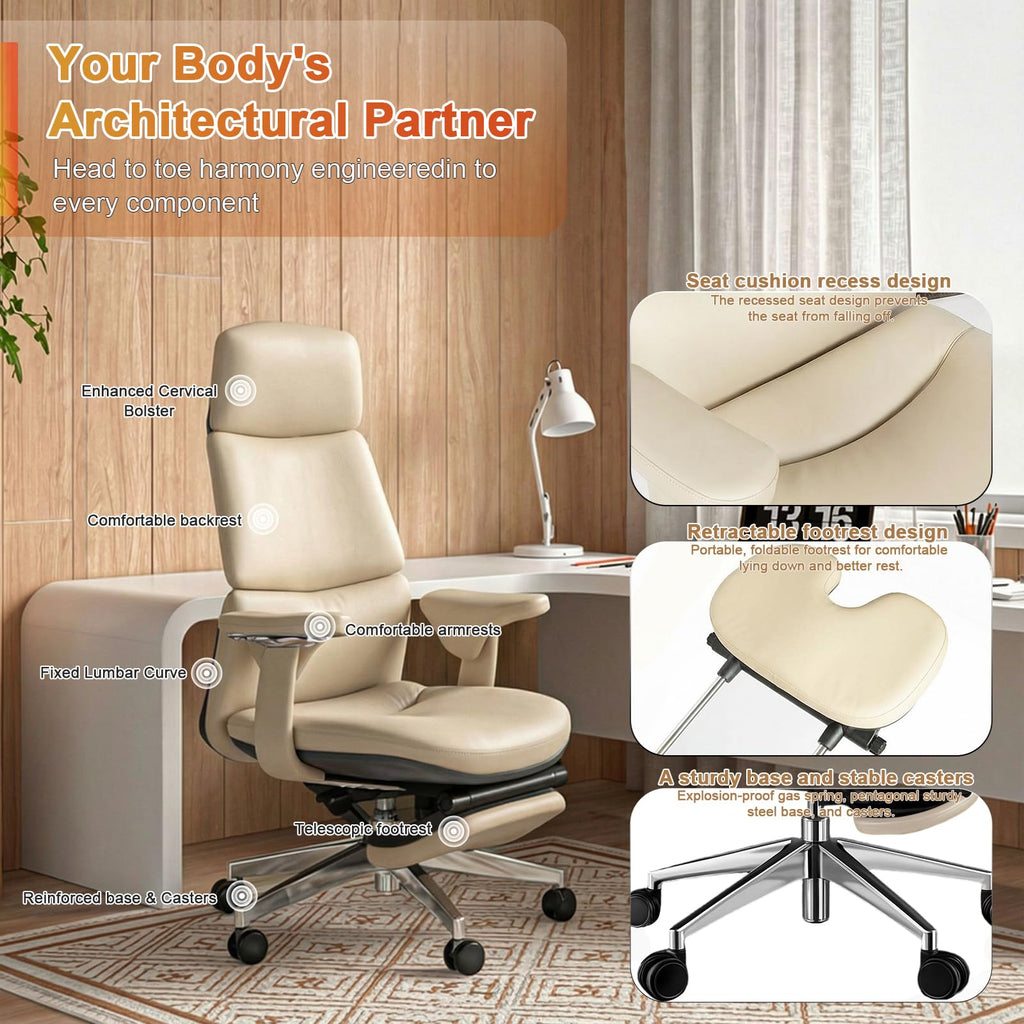 Genuine Leather Office Chair with Flexible Footrest, High Back Executive Office Chair with Lumbar Support, Adjustable Tilt Mechanism, Weight Capacity 400 lbs (White)