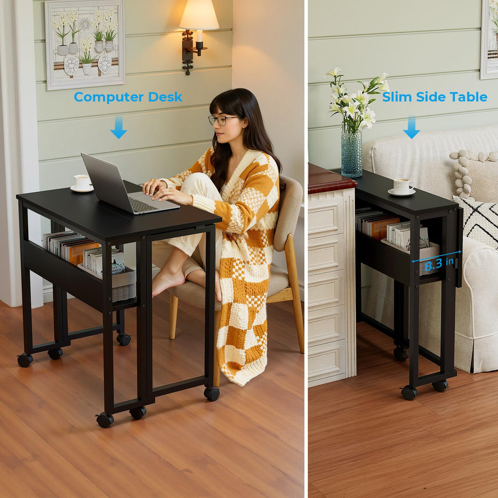 Folding Desk with Wheels, 24.8 Inch Compact Rolling Computer Table with Storage Shelf, Portable Mobile Workstation for Small Spaces, Easy Assembly, Black