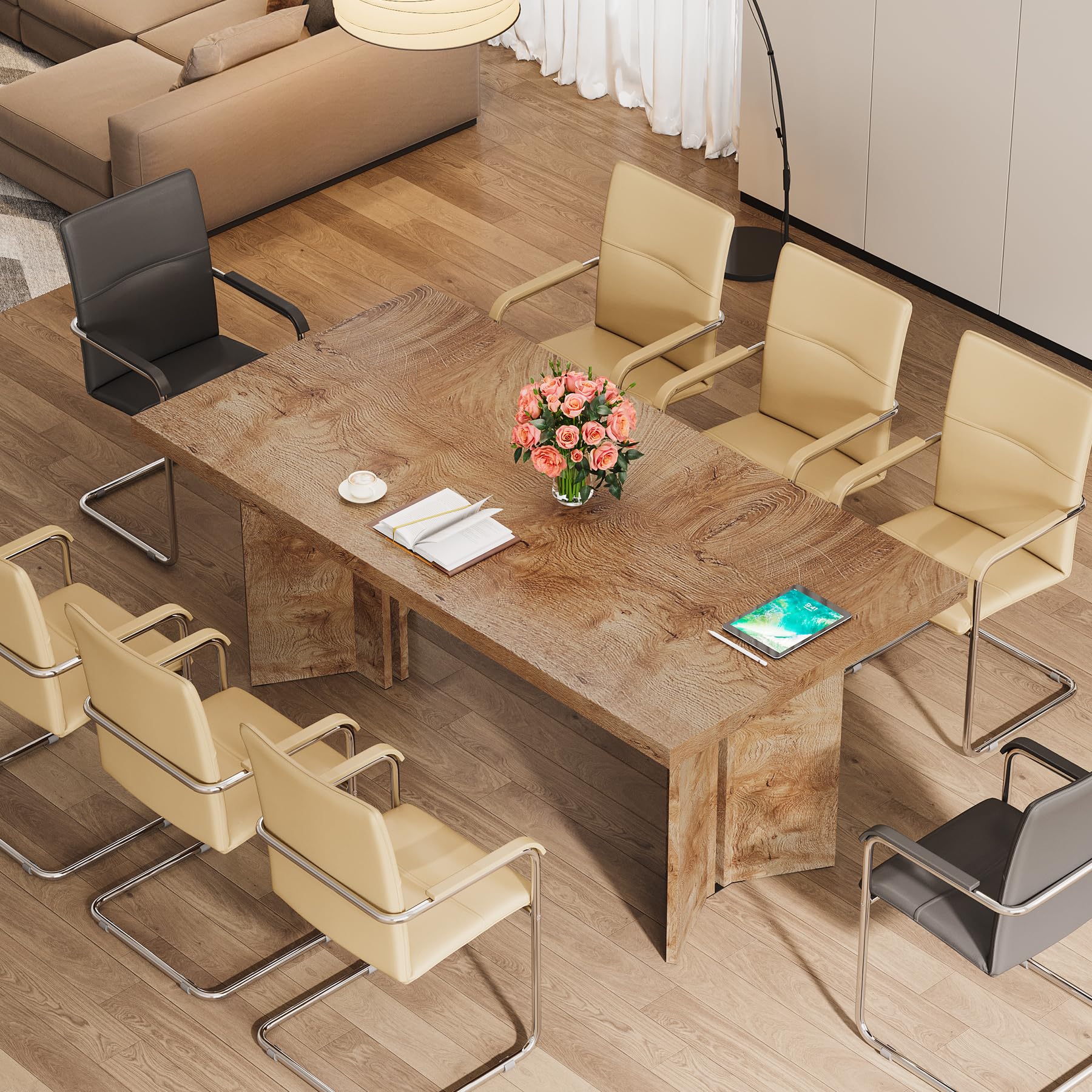 5.5FT Conference Table, 63-inch Rectangle Meeting Seminar Table, Large Oak Brown Business Tables for 4-6 People, Heavy Duty Pedestal (Light Oak Brown)