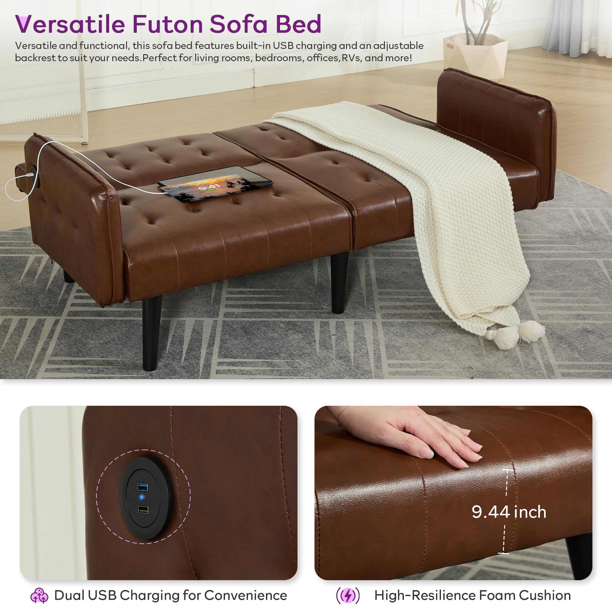 65“ Convertible Futon Sofa Bed w/ 2 USB,Tufted Small Adjustable Folding Couch Loveseat, Modern Mid Century Faux Leather Sleeper Sofa for Office, Living Room, Bedroom, Brown