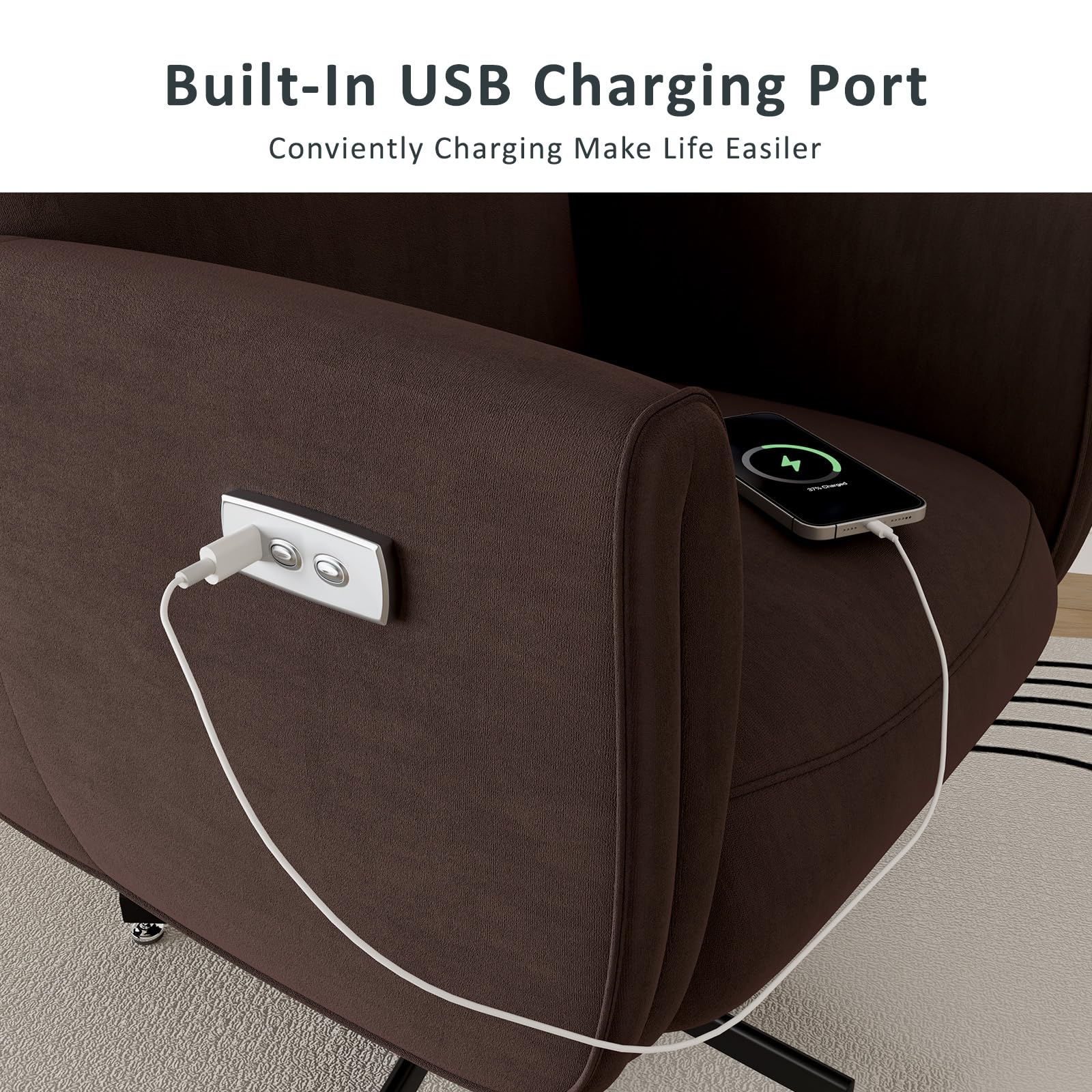 Power Swivel Recliner Chair, Modern Electric with USB & Type-C Ports, Upholstered Velvet Swivel Recliner Chair, 360° Swivel for Office & Living Room, Easy Assembly (Coffee)