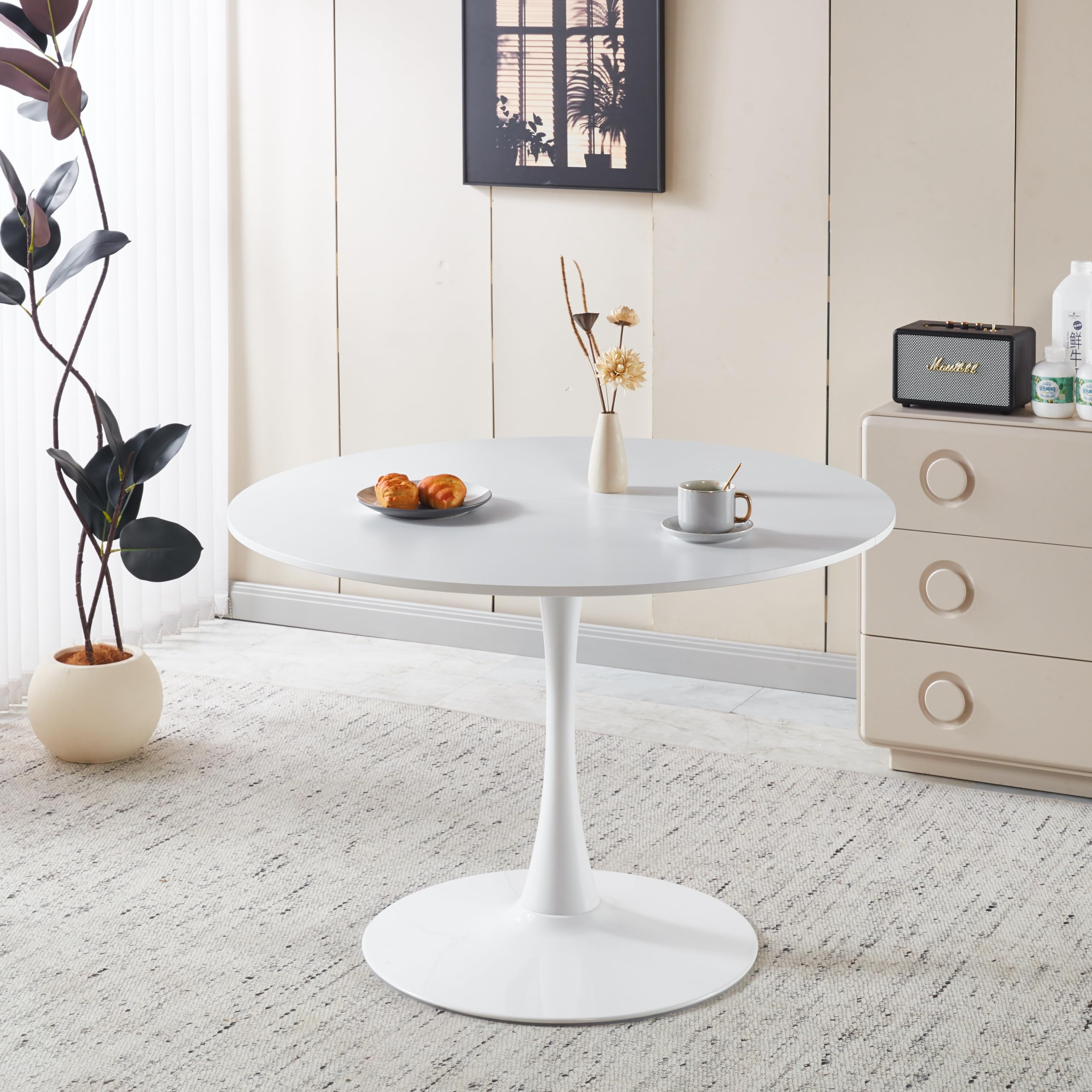 Sybrioka 42" Tulip Table for 4-6 Persons Modern Round Dining Room Table, Mid-Century Modern White Small Kitchen Table with MDF Wooden Top, Leisure Coffee Table for Living Room, Dining Room, Office