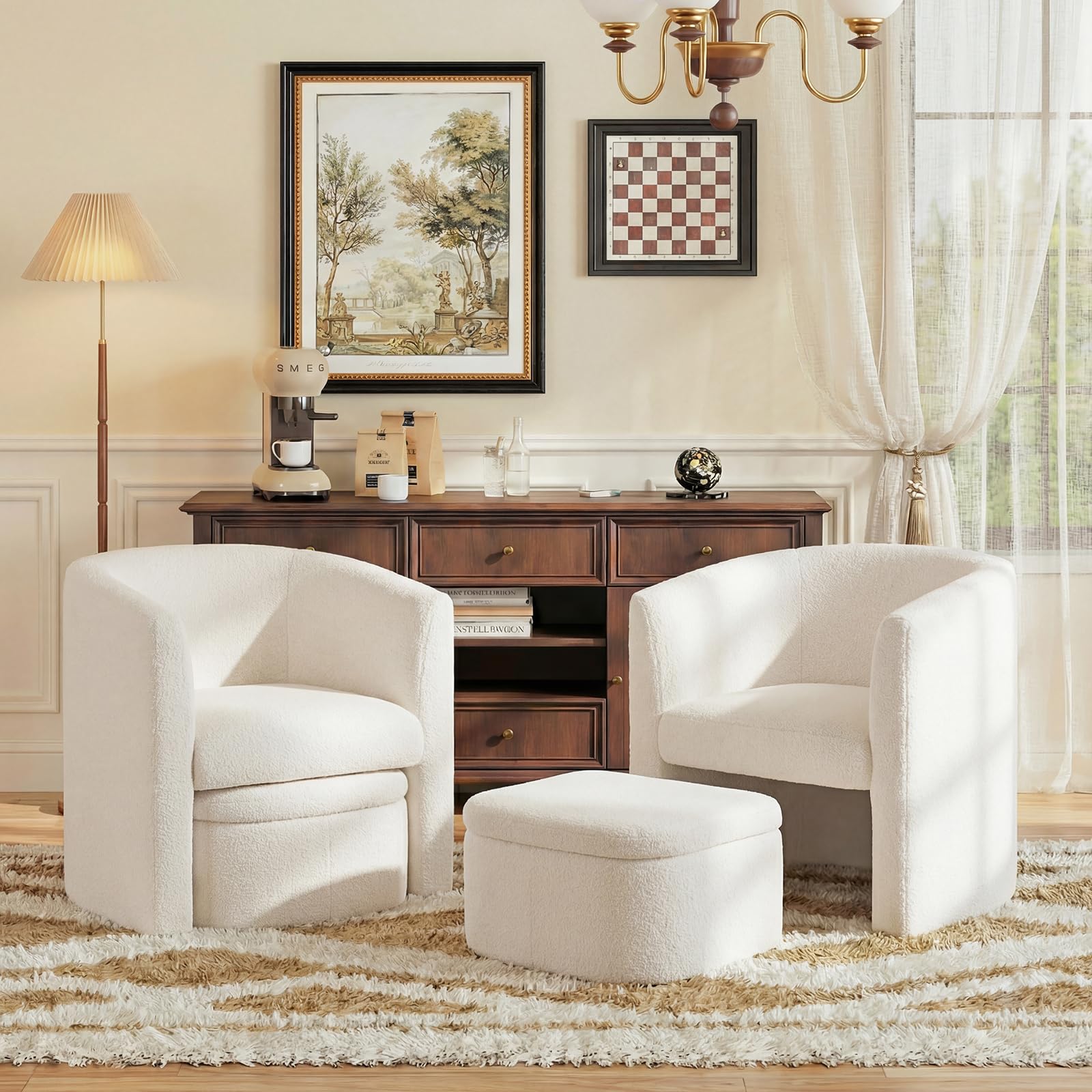 Modern Velvet Barrel Accent Chair with Storage Ottoman Set of 2, Upholstered Living Room Side Chair, Single Sofa Armchair with Lounge Seat for Bedroom/Office/Reading Spaces, Cream