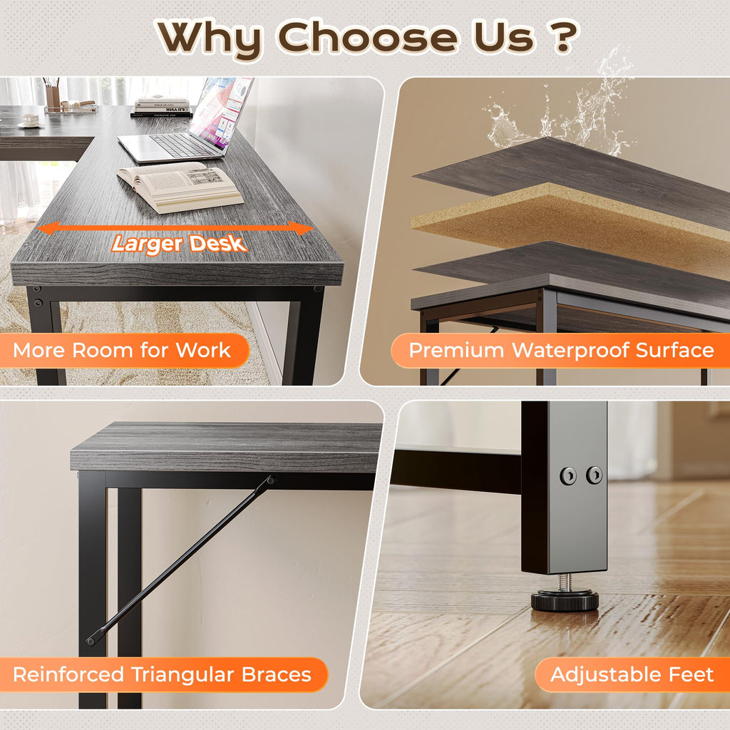63 Inch L Shaped Desk with Power Outlets and USB-C Port, Reversible Computer Desk, Larger Office Corner Gaming Desk, 0.95 Inch Thicker Desktop, Metal Frame, for Home Office, Study, Grey
