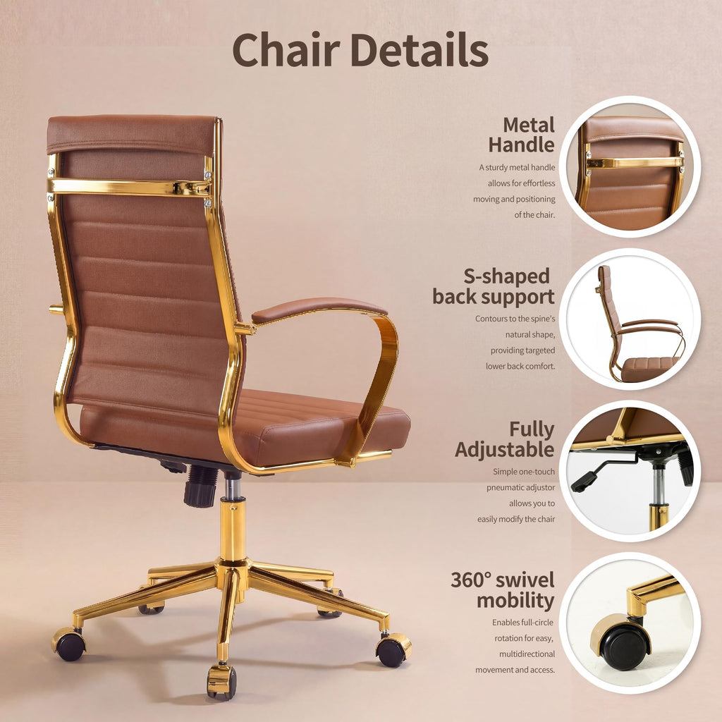 Gold Office Desk Chair, Ergonomic Leather Modern Conference Room Chairs, Executive Ribbed Height Adjustable Swivel Rolling Golden Chair for Home Office.