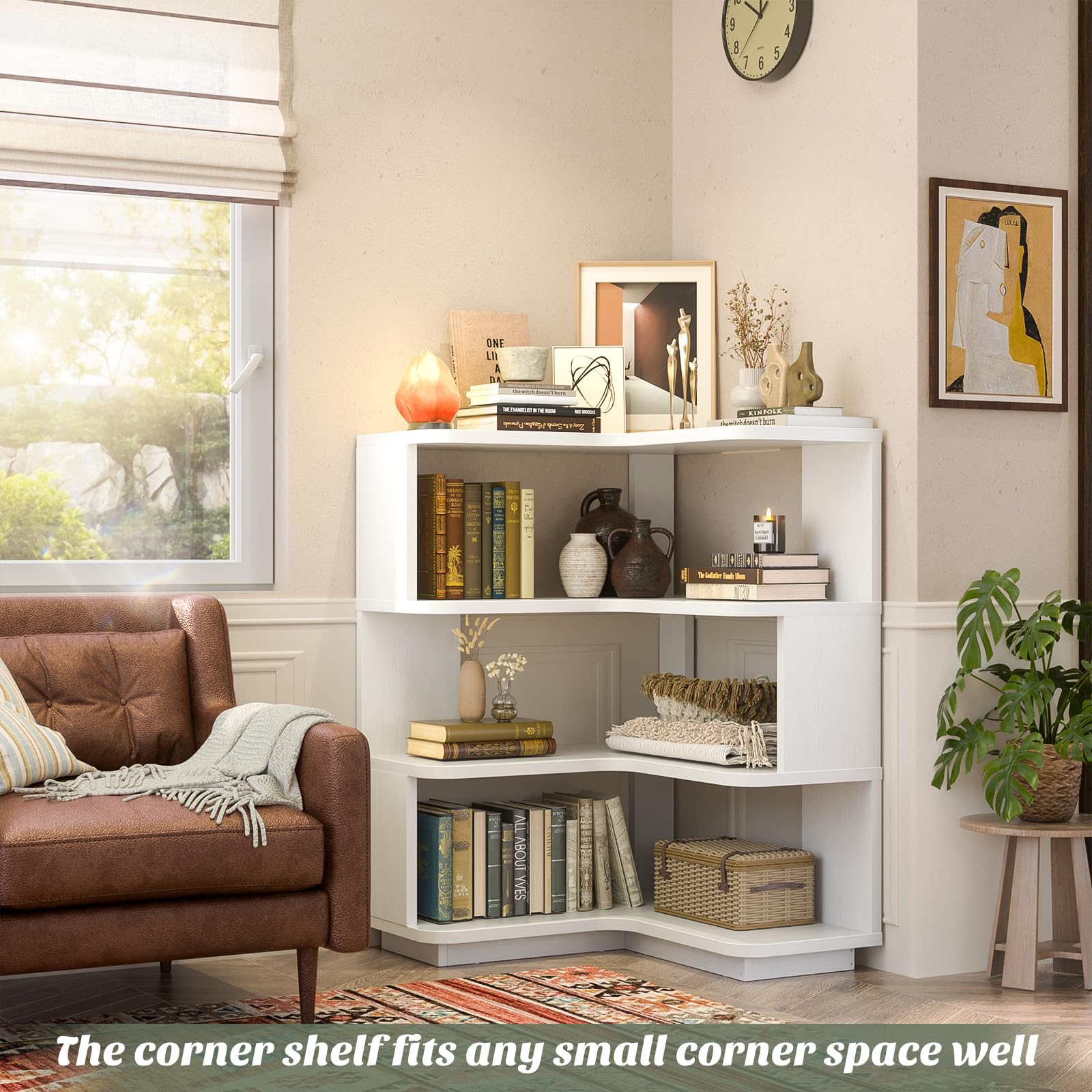 Corner Book Shelf, 4-Shelf L Shaped Corner Bookshelf with Baffle