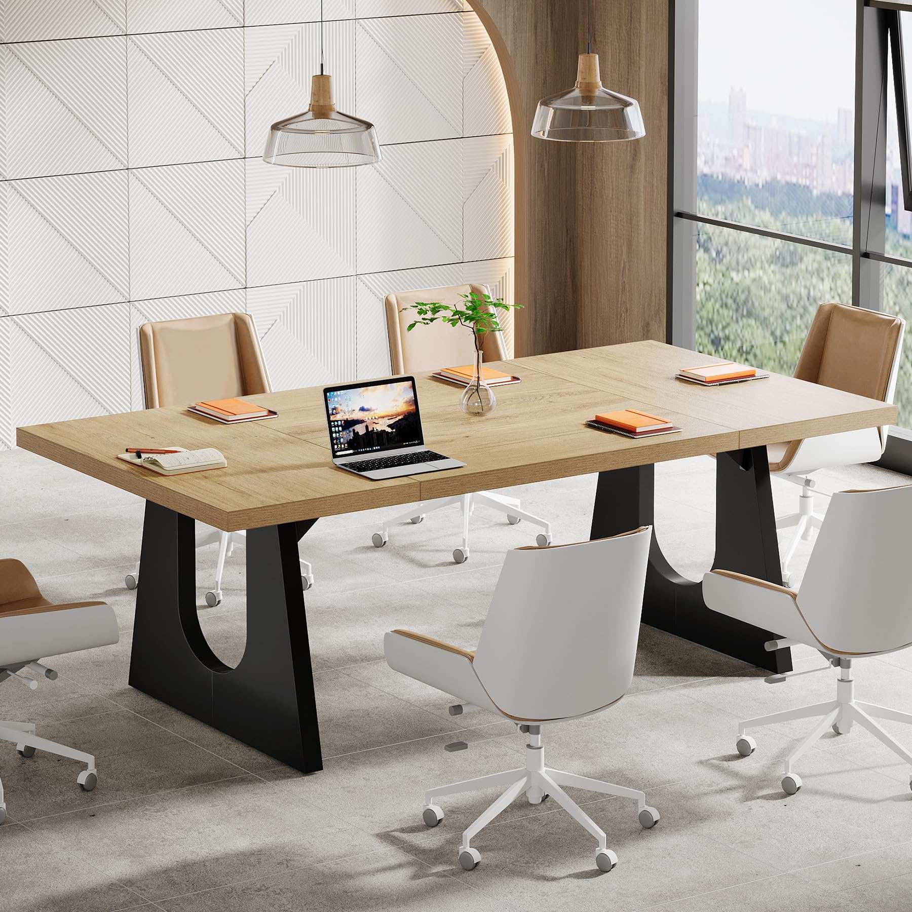 70.86" Rectangular Conference Table for 6-8 (Oak and Black)