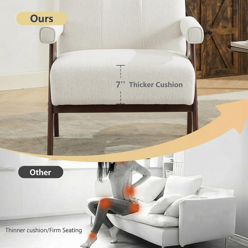 Mid Century Modern Accent Chair Set of 2, Solid Wood Frame White Linen Armchairs, Modern Reading & Living Room Chairs for Office Guest & Waiting Room
