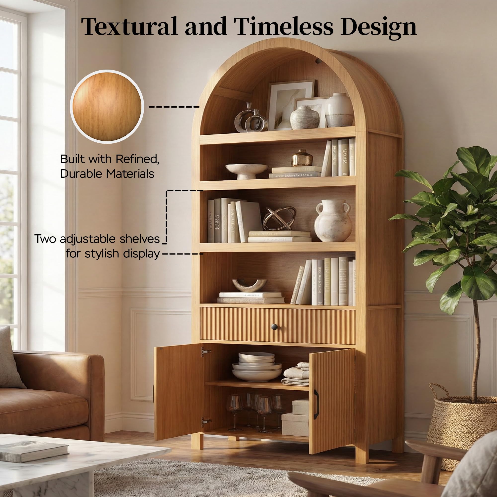 Book Shelf 70" Tall Bookcase with Drawer, 7-Tier Arched Cabinet with Storage and Fluted Door, Mid-Century Modern Modular Arch Bookshelf for Office Living Room Bedroom Library (Oak, 1)
