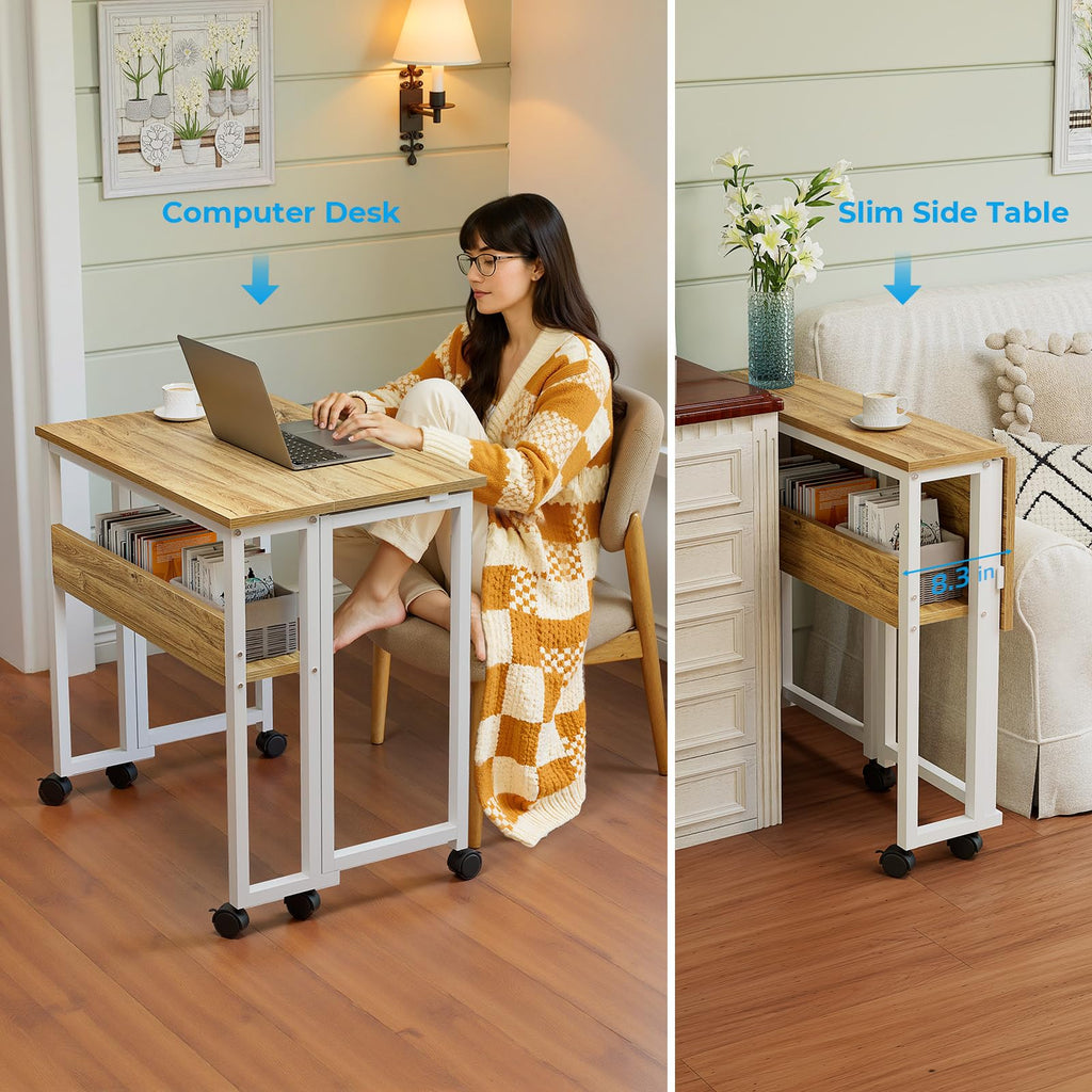 Folding Desk with Wheels, 31.5 Inch Compact Rolling Computer Table with Storage Shelf, Portable Mobile Workstation for Small Spaces, Easy Assembly, Oak