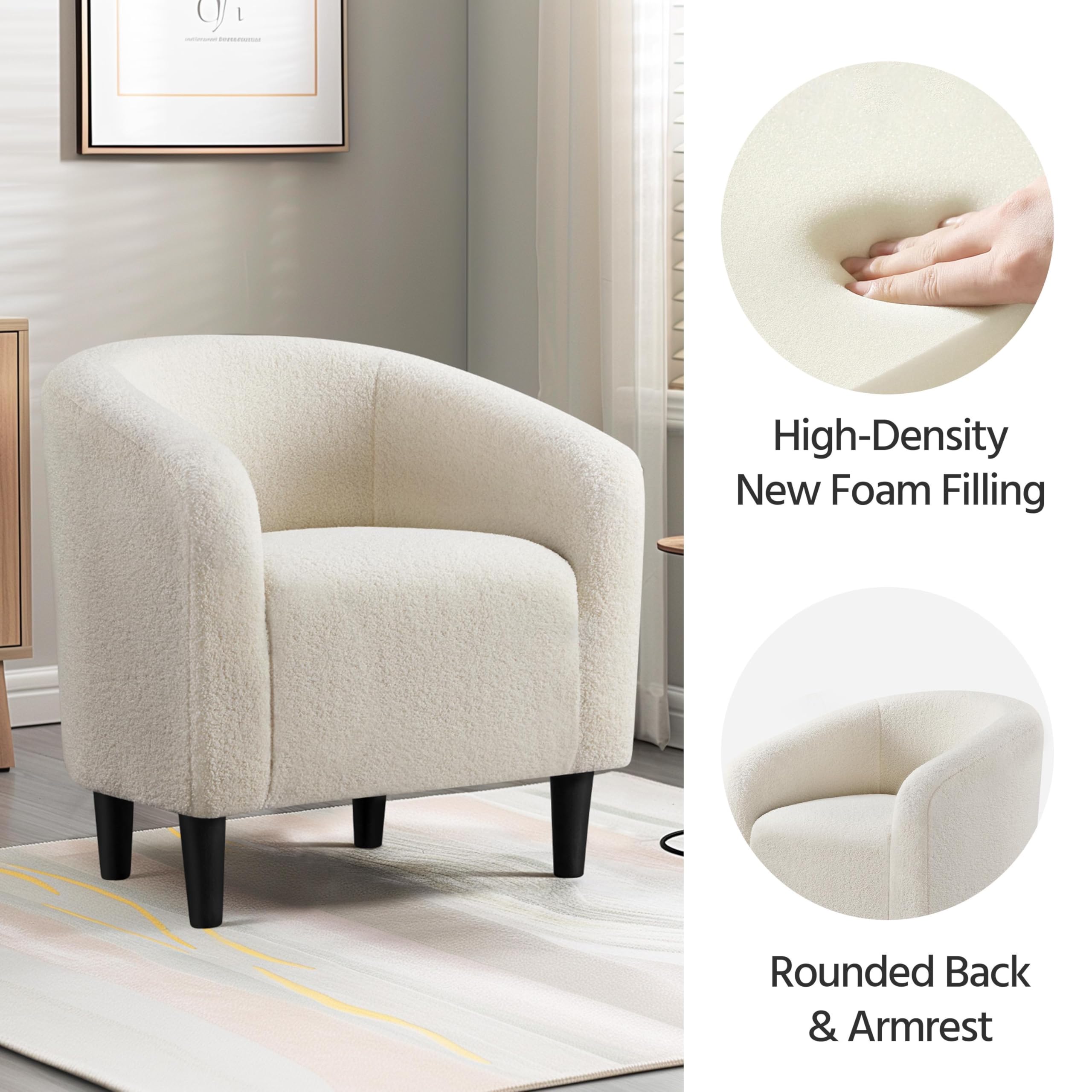 Accent Barrel Chair, Boucle Fabric Club Chair, Furry Sherpa Elegant Armchair with Cozy Soft Padded, Suitable for Living Room Bedroom Reception Room Office, Ivory