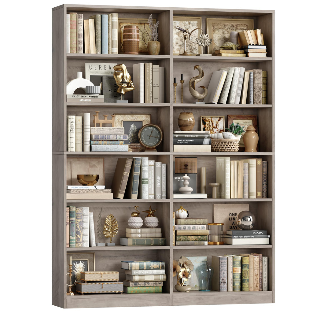 Bookshelf Tall Bookcase, 6-Tier Double Wide Bookshelves,Wash Grey