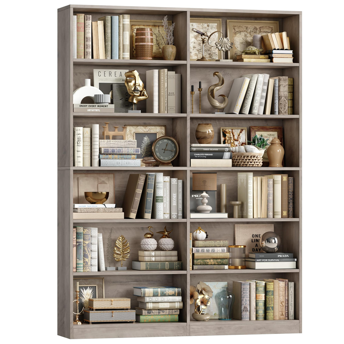 Bookshelf Tall Bookcase, 6-Tier Double Wide Bookshelves,Wash Grey