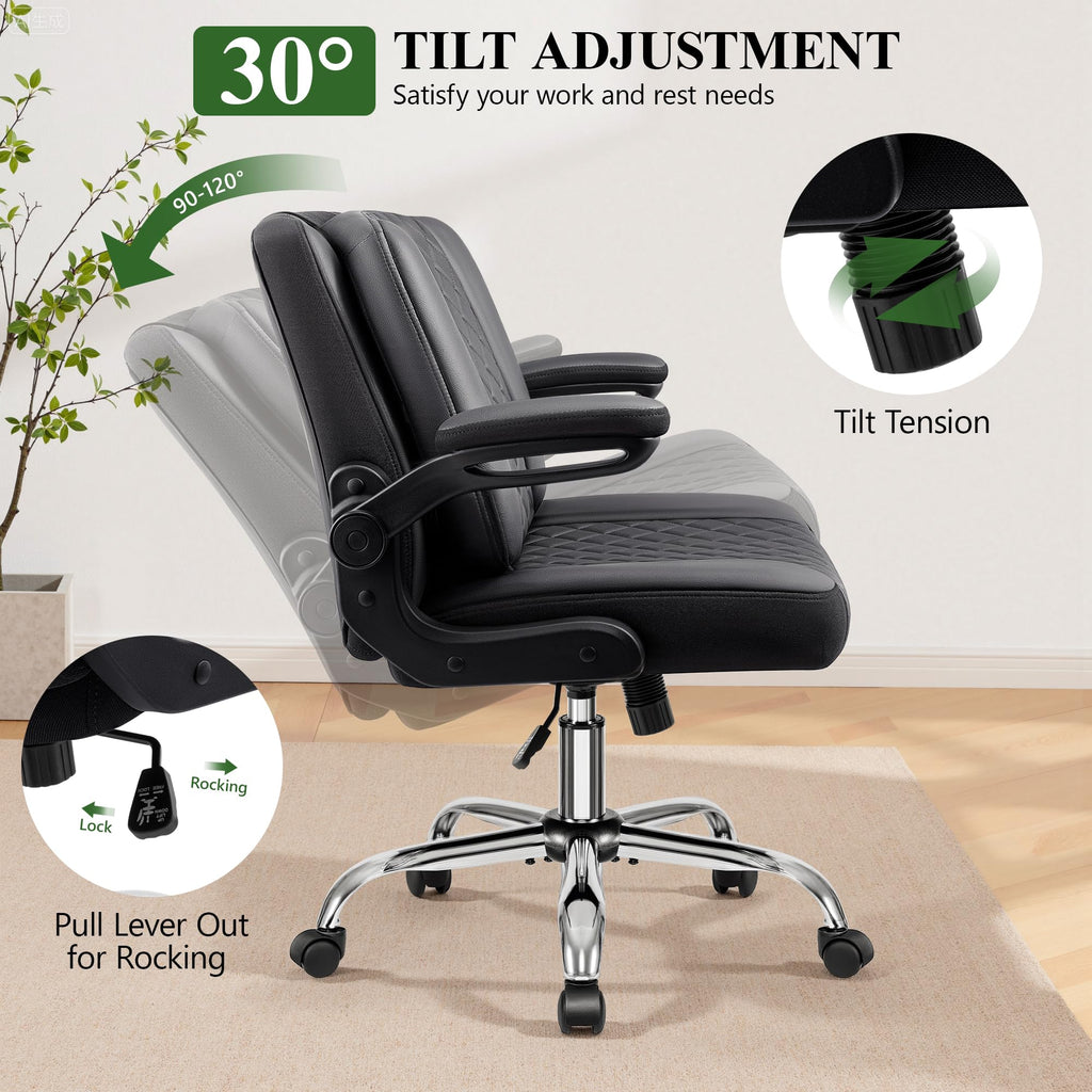 Criss Cross Office Chair with 2-in-1 Flip Backrest – Ergonomic PU Leather Floor Sitting Chair, Adjustable Height, 360° Swivel & Flip-Up Arms, Extra-Wide Seat for Home Office, Vanity, Nail Salon-Black