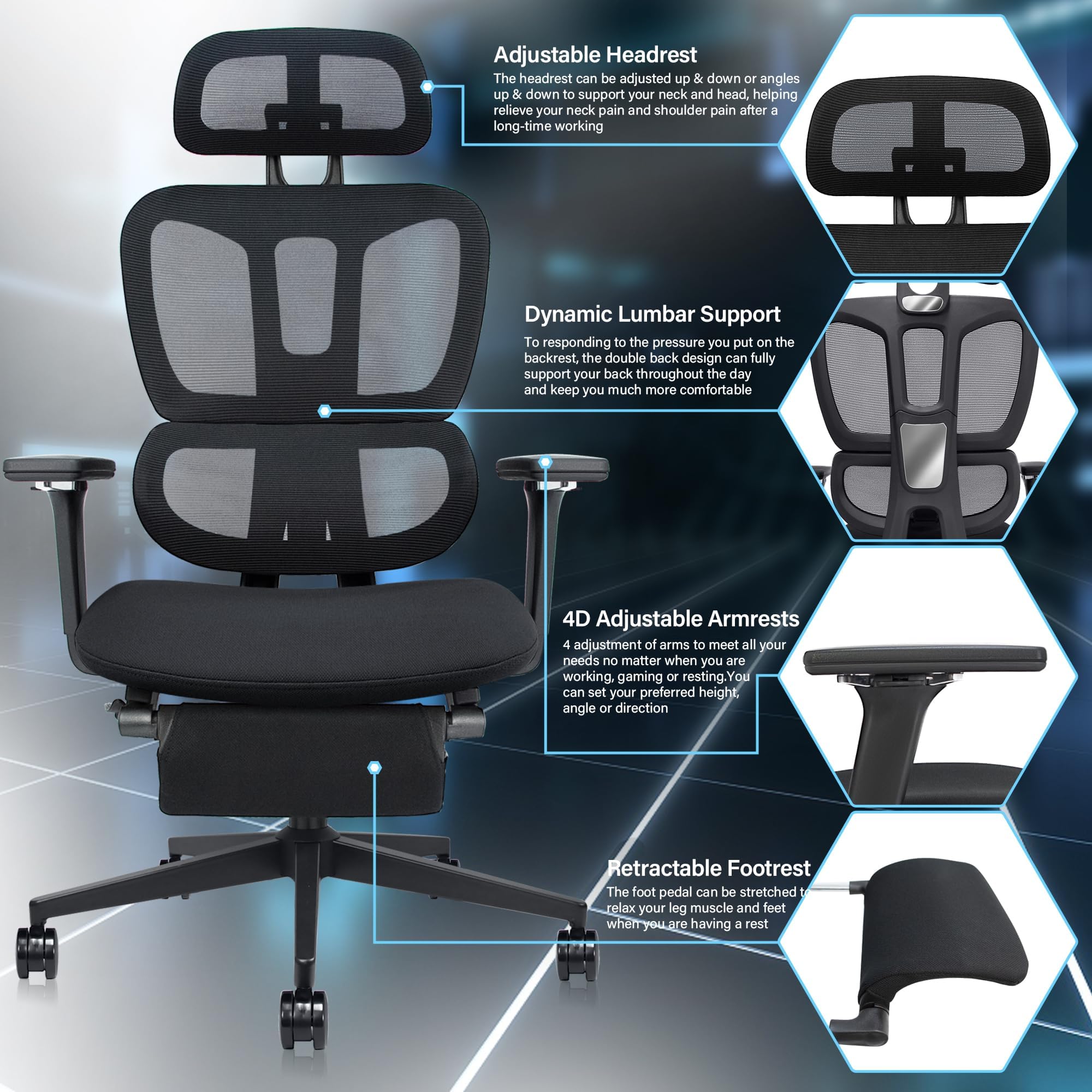 Ergonomic Office Chair with Foot Rest, High Back Computer Office Chair with Dynamic Lumbar Support, 2D Headrest, 4D Armrest, Sponge Seat, Mesh Home Office Desk Chair for Adults, Black