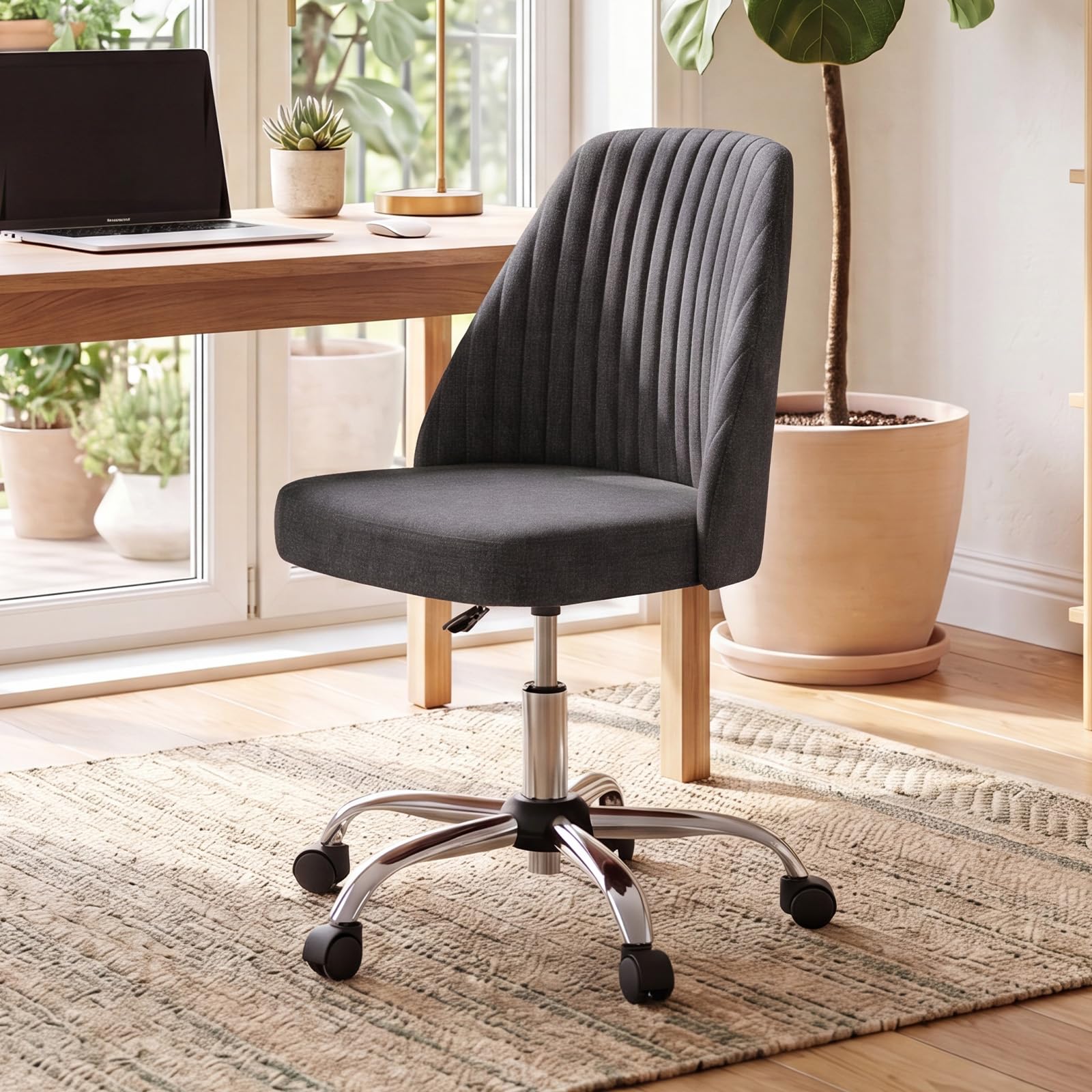 Office Chair, Comfy Desk Chair Rolling Vanity Swivel Task Chairs with Wheels, Wide Seating Armless Height Adjustable Computer Chairs for Home,Bedroom,Student,Adults, Gunmetal Gray