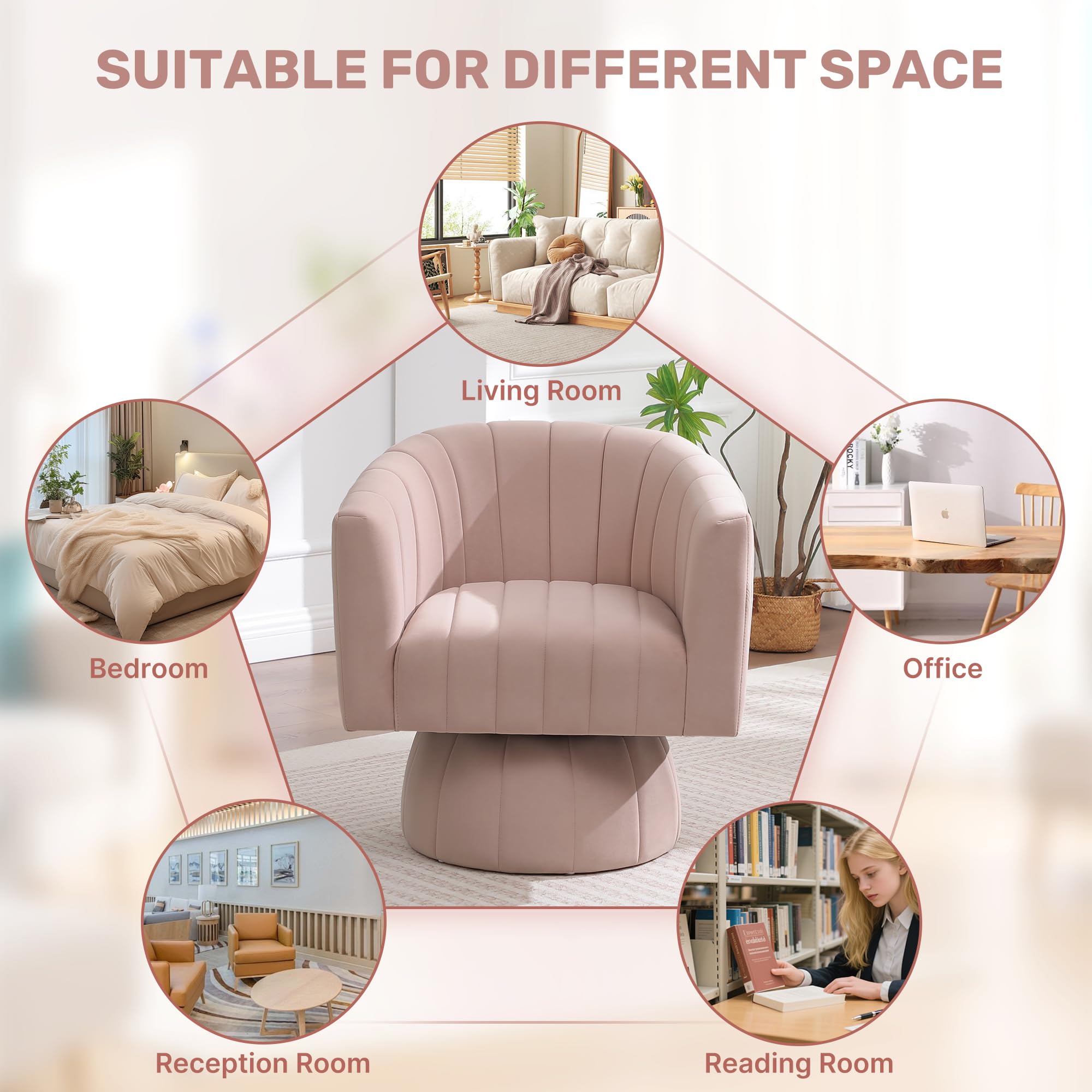 Swivel Accent Barrel Chair Set of 2, Cute Comfy Small Round 360° Arm Chair, Velvet Sofa Club Reading Chair for Office Living Room Bedroom Pink