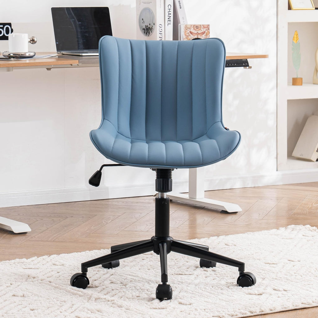 Blue Office Desk Chair with Wheels Comfy Armless Vanity Chair with Back Modern Small Faux Leather Upholstered Rolling Task Chair Cute Computer Drafting Sewing Chair Swivel Adjustable Compact