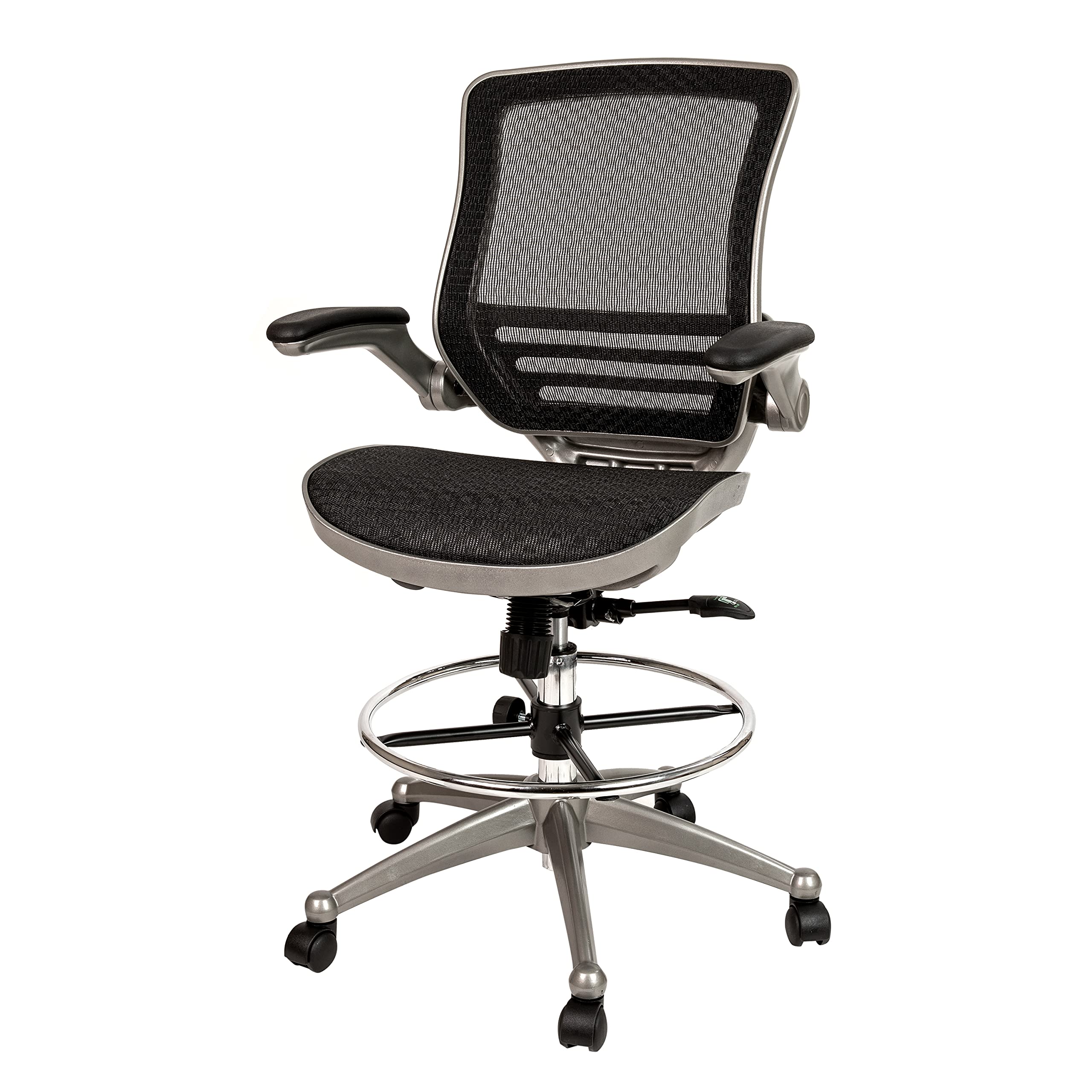 Mid-Back Swivel Office Chair with Adjustable Foot Ring and Seat Height, Ergonomic Mesh Chair with Armrests, Black/Silver