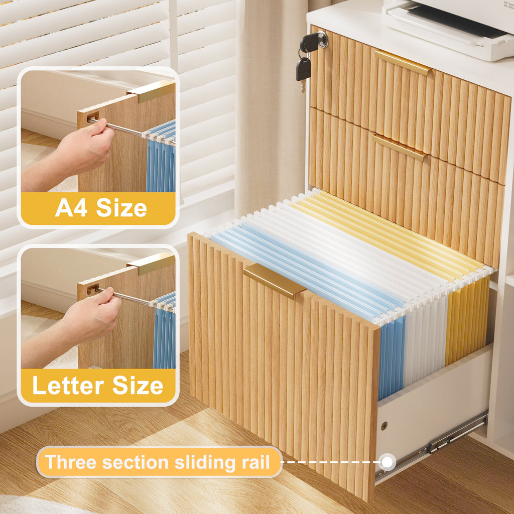 3 Drawer Fluted Mobile Filing Cabinet with Lock, Lateral Rolling Under Desk File Cabinet, Wooden Printer Stand Table for Home Office Essentials Storage Organization Furniture Letters/A4(Oak)