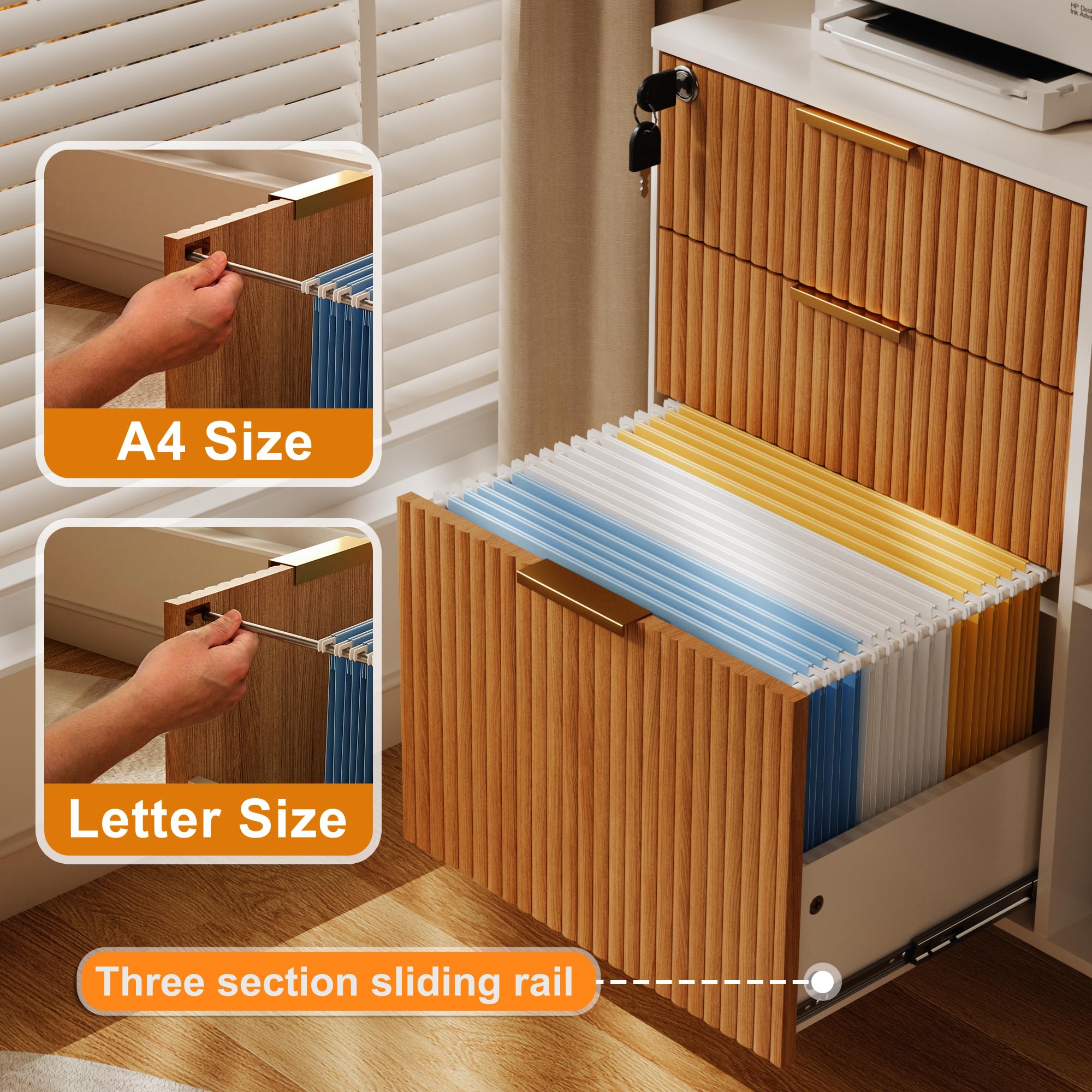 3 Drawer Fluted Mobile Filing Cabinet with Lock, Lateral Rolling Under Desk File Cabinet, Wooden Printer Stand Table for Home Office Essentials Storage Organization Furniture Letters/A4(Oak)